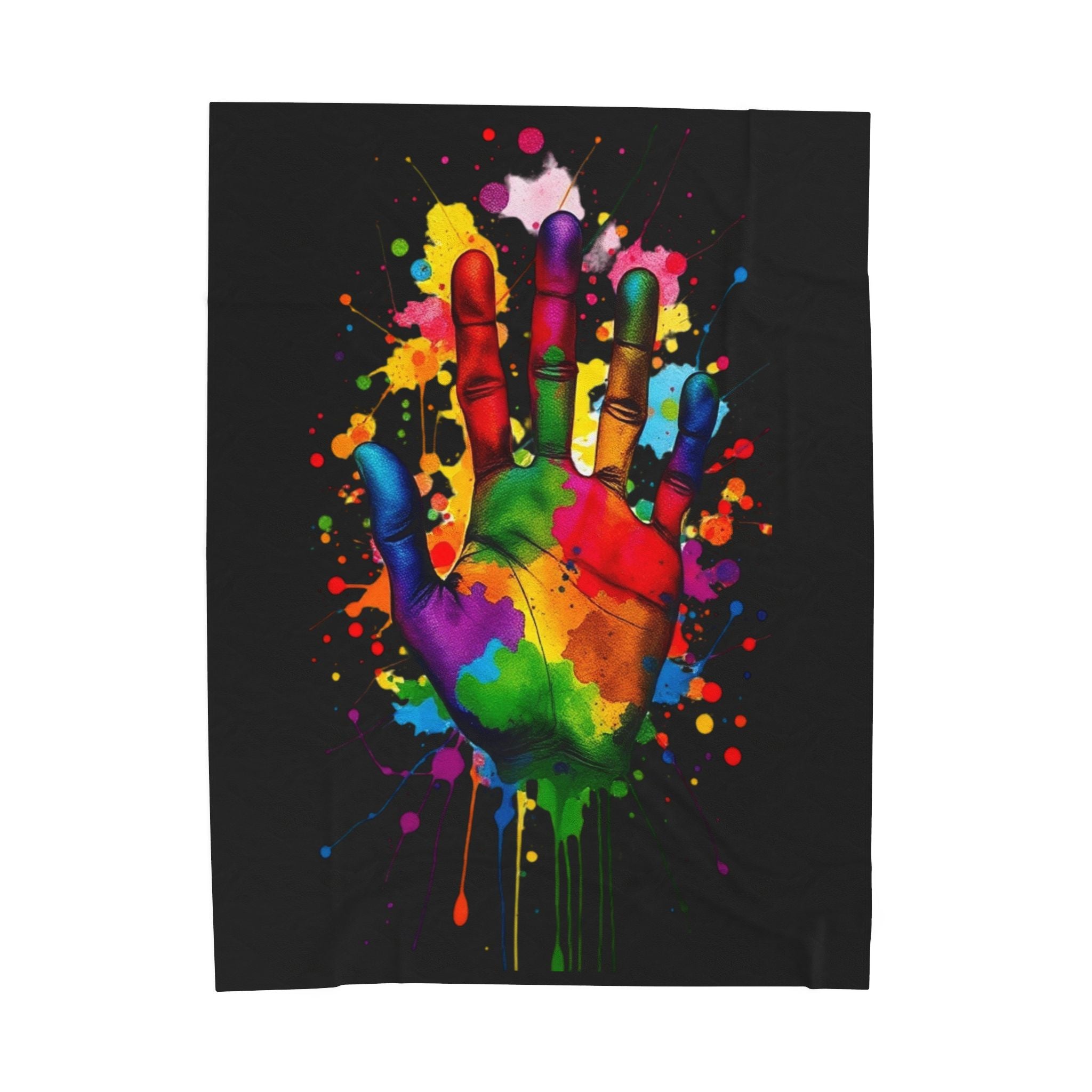 Rainbow Splash Handprint Black Background Velveteen Plush Blanket