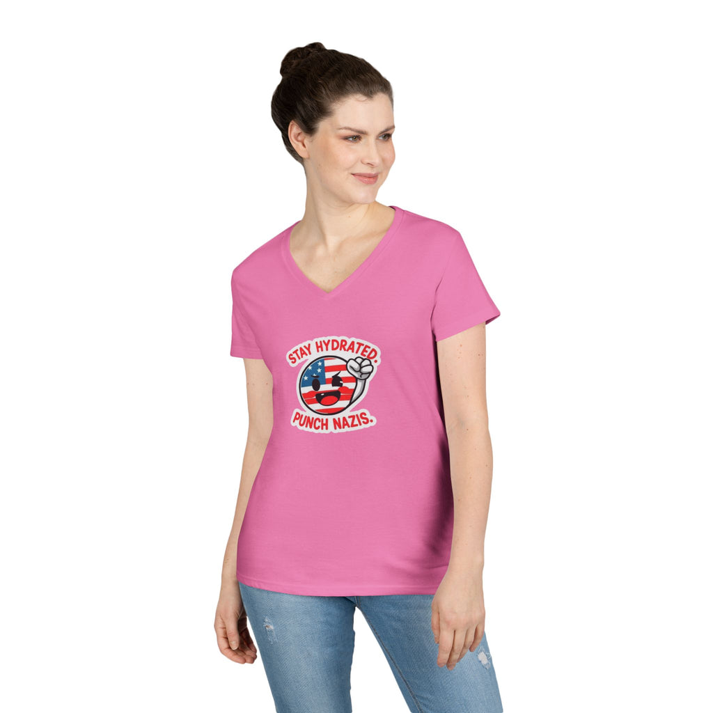 Stay Hydrated Punch Nazis V-Neck T-Shirt - Protest against Fascism Message Tee for Activists
