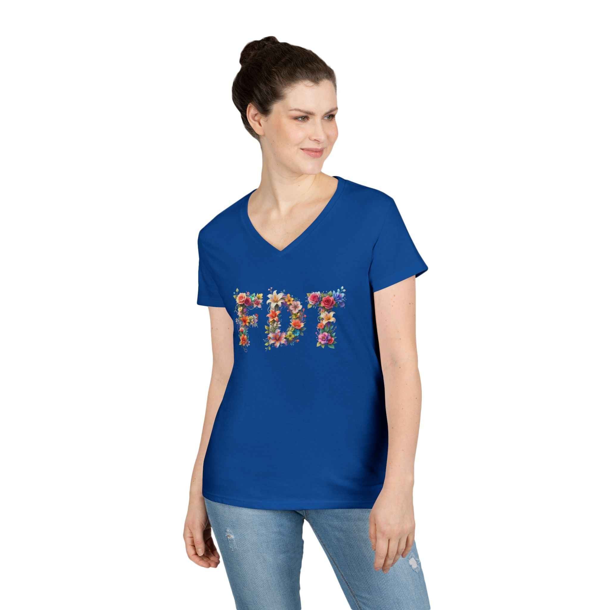 Floral Initials 'FDT' Ladies' V-Neck Tee — Colorful Botanical Monogram Shirt