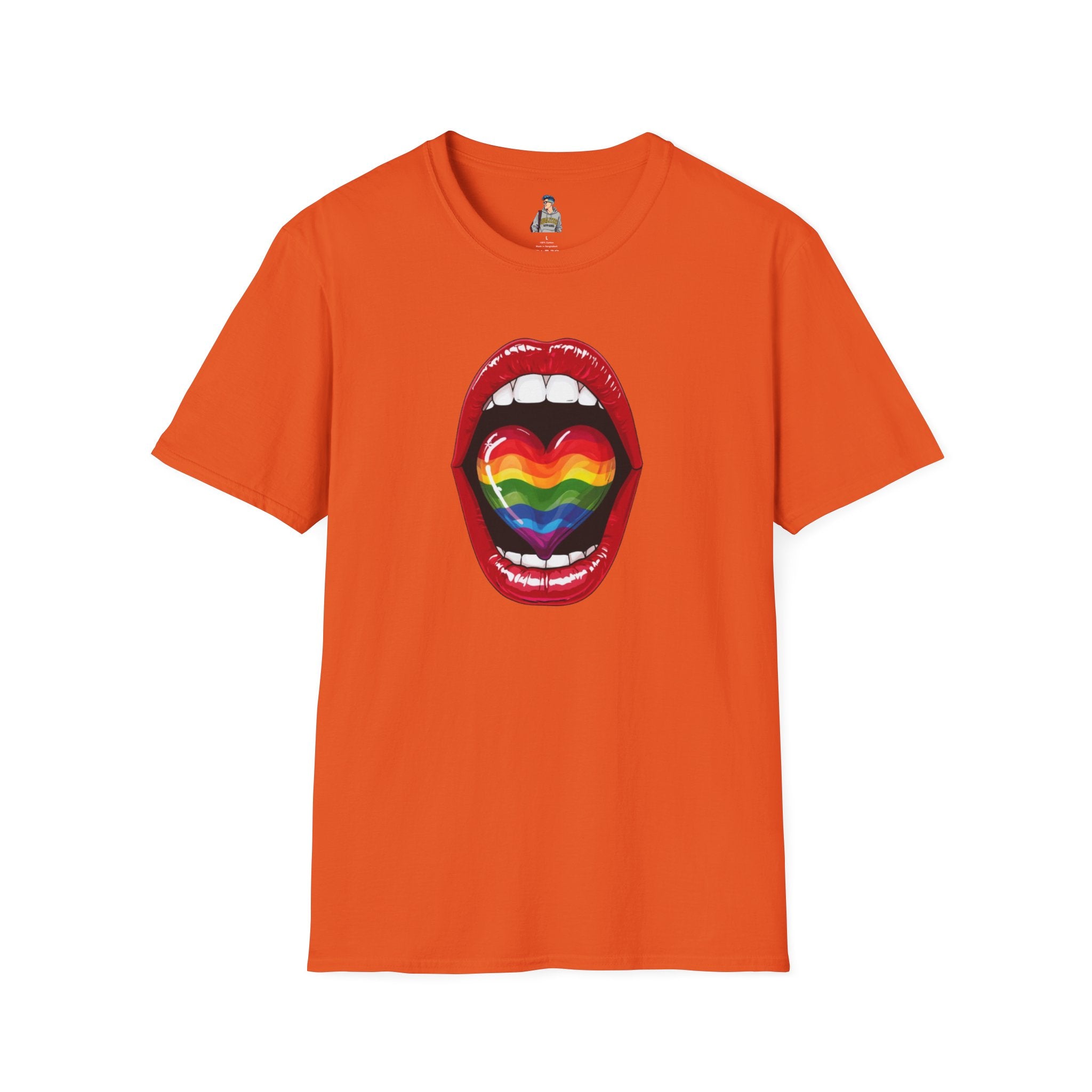 Pride Love Unisex Softstyle T-Shirt | LGBTQ+ Rainbow Heart Design