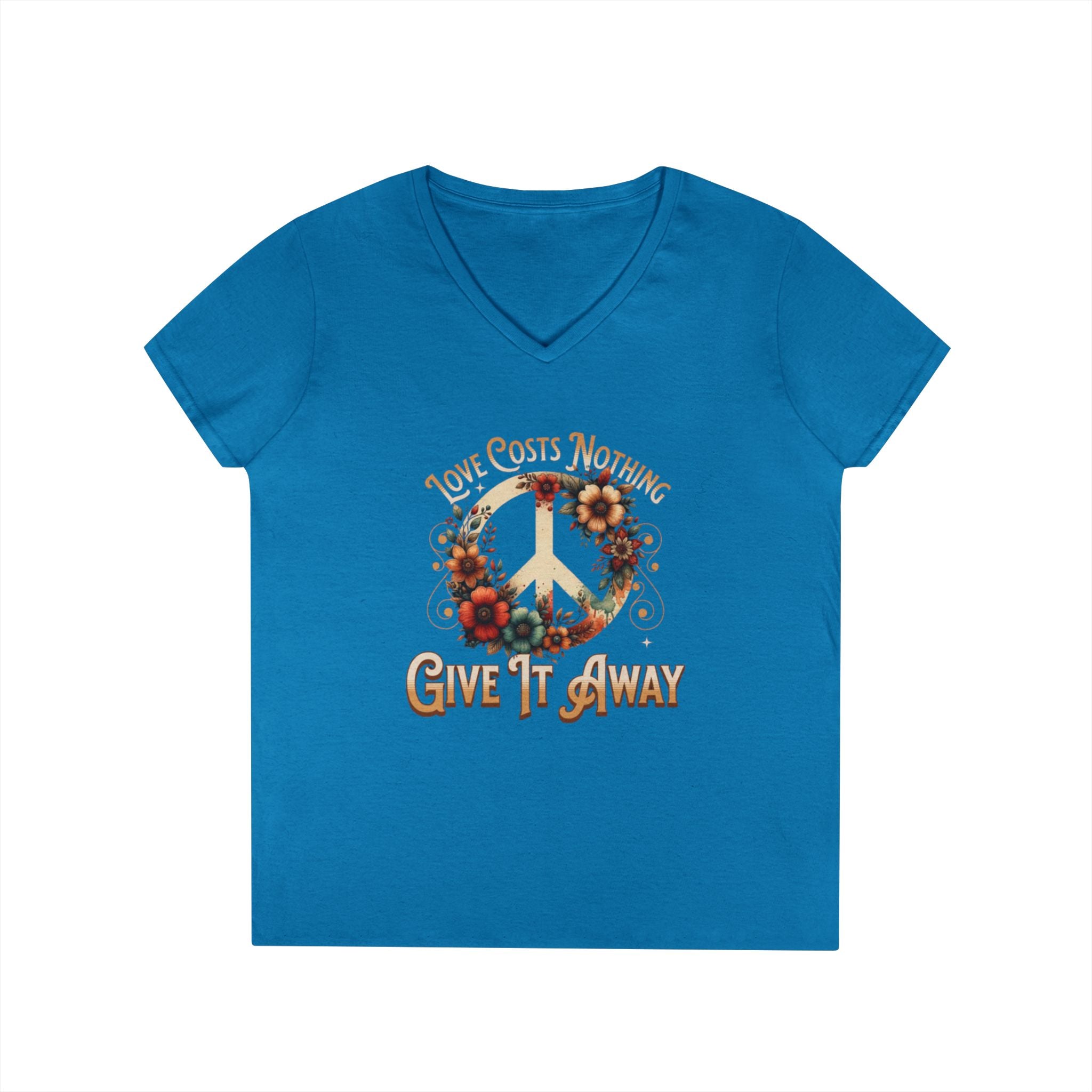 Women's Peace Love T-Shirt - Give It Away | Floral V-Neck Tee for Positive Vibes