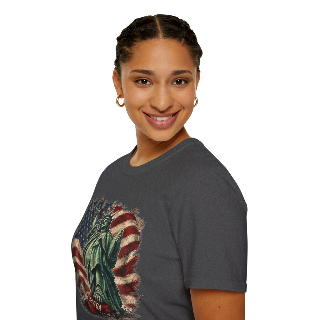 Statue of Liberty Stepping on MAGA American Flag T-Shirt — Patriotic USA Independence Day Tee