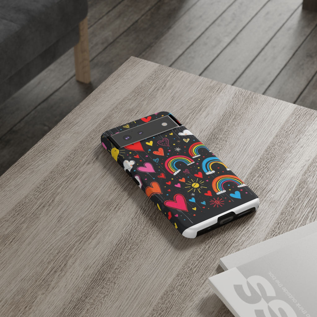 Android OR iPhone Compatible Cases - Doodle Hearts and Rainbows Design