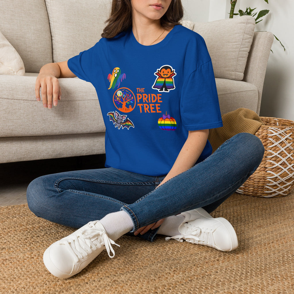 The Pride Tree Halloween T‑Shirt — Rainbow Ghosts, Pumpkins & Bat Graphic Tee
