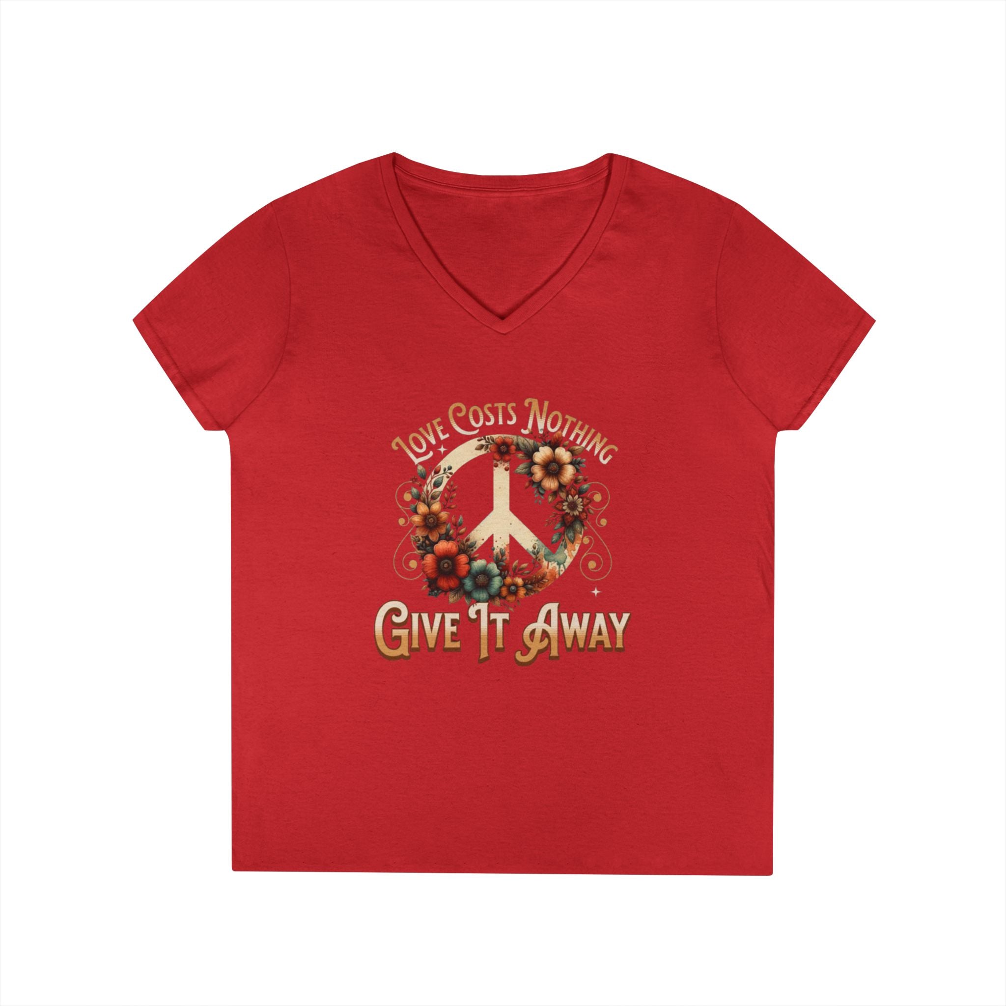 Women's Peace Love T-Shirt - Give It Away | Floral V-Neck Tee for Positive Vibes