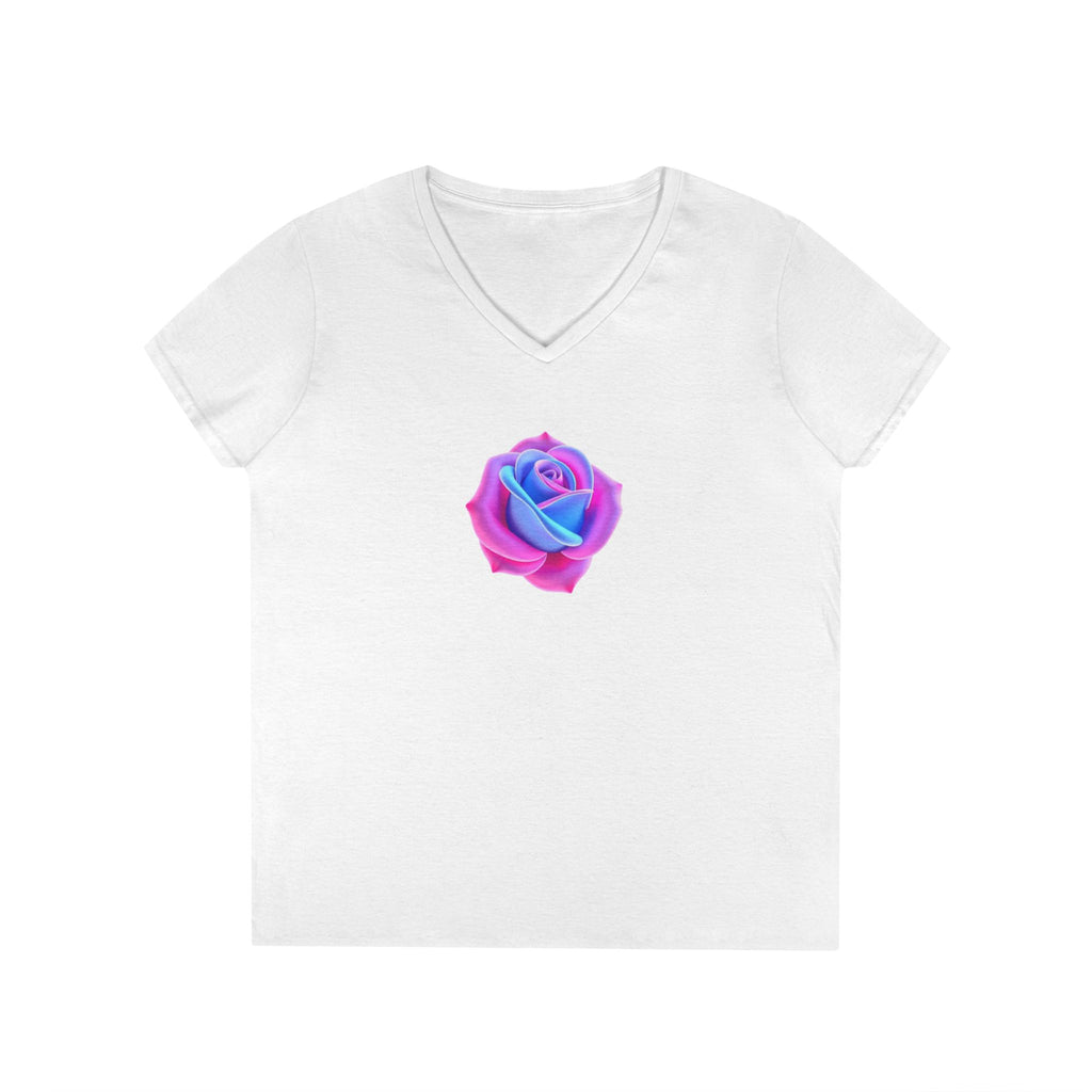Ladies' V-Neck T-Shirt with Vibrant Trans Colors Rose Design - Perfect for Casual Wear and Gifts