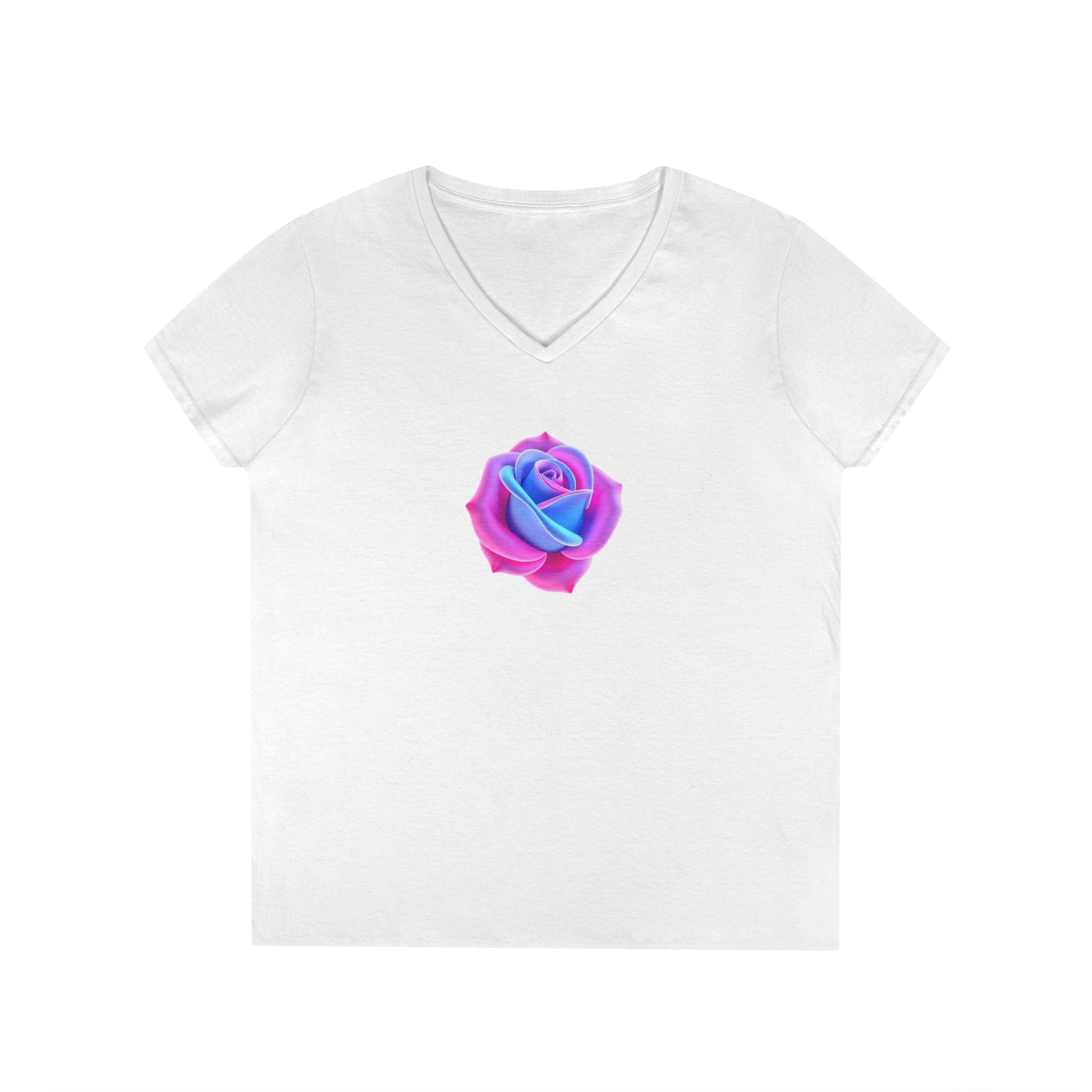Ladies' V-Neck T-Shirt with Vibrant Trans Colors Rose Design - Perfect for Casual Wear and Gifts