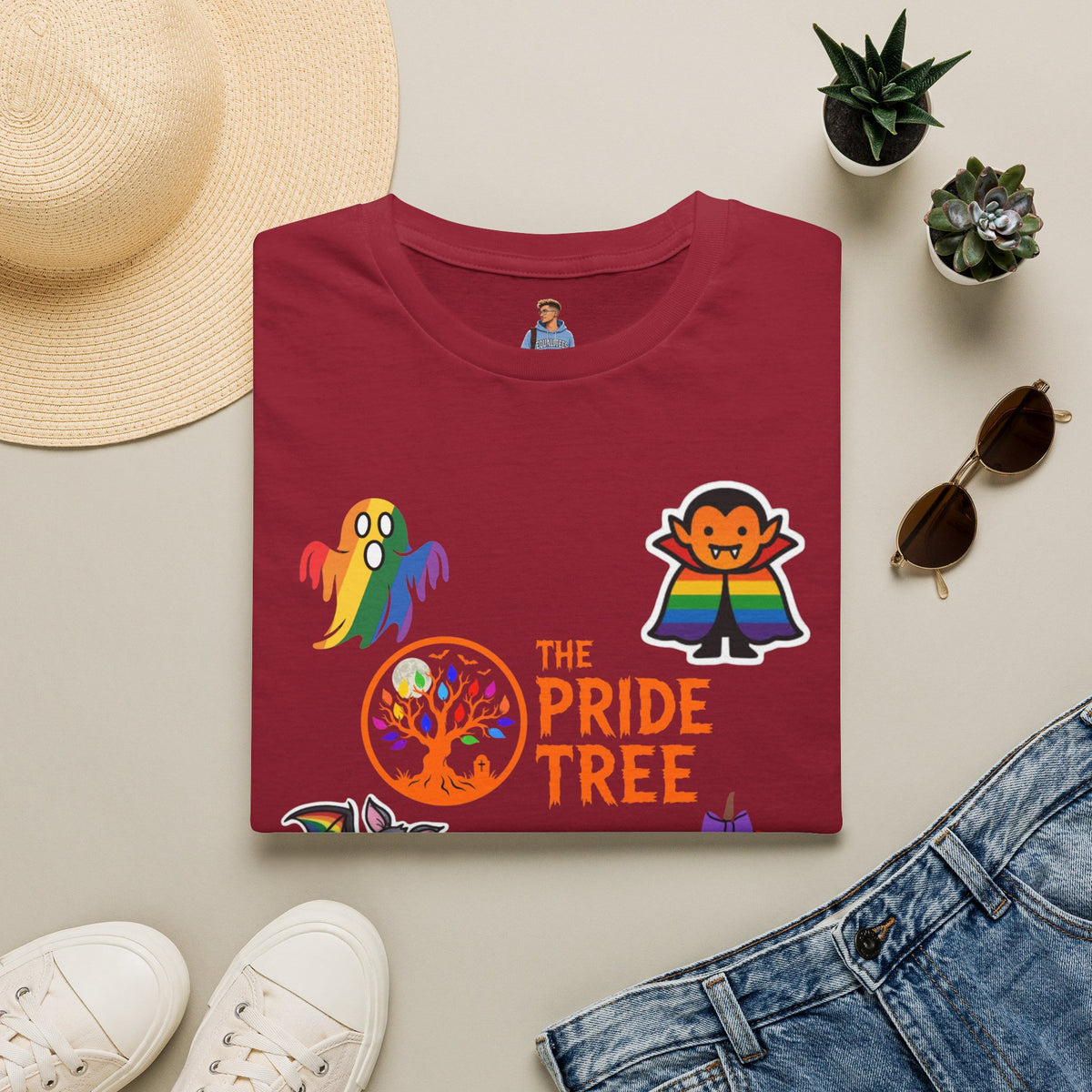 The Pride Tree Halloween T‑Shirt — Rainbow Ghosts, Pumpkins & Bat Graphic Tee