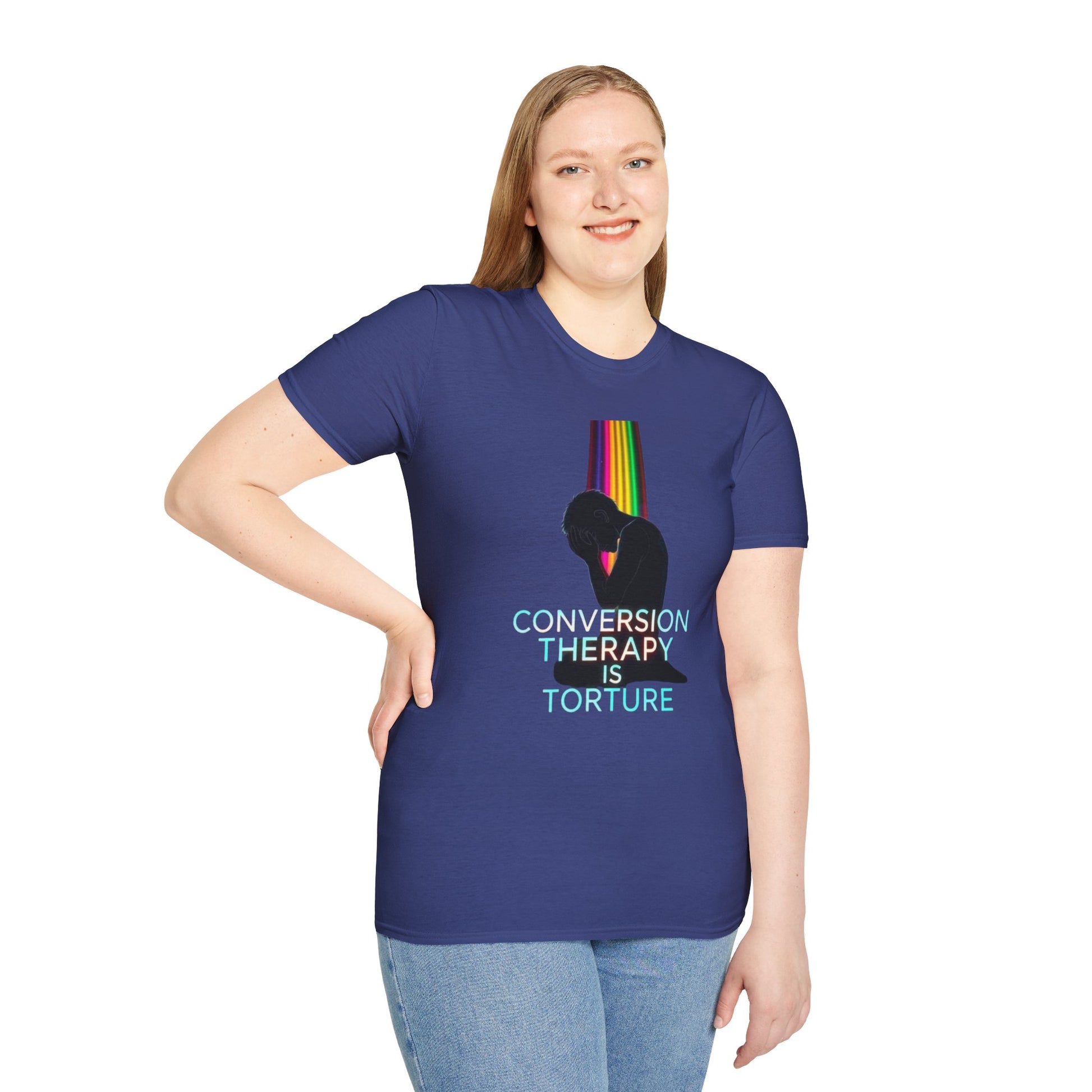 Unisex Softstyle T-Shirt: "Conversion Therapy is Torture" & "We All Belong" - LGBTQ+ Empowerment Tee