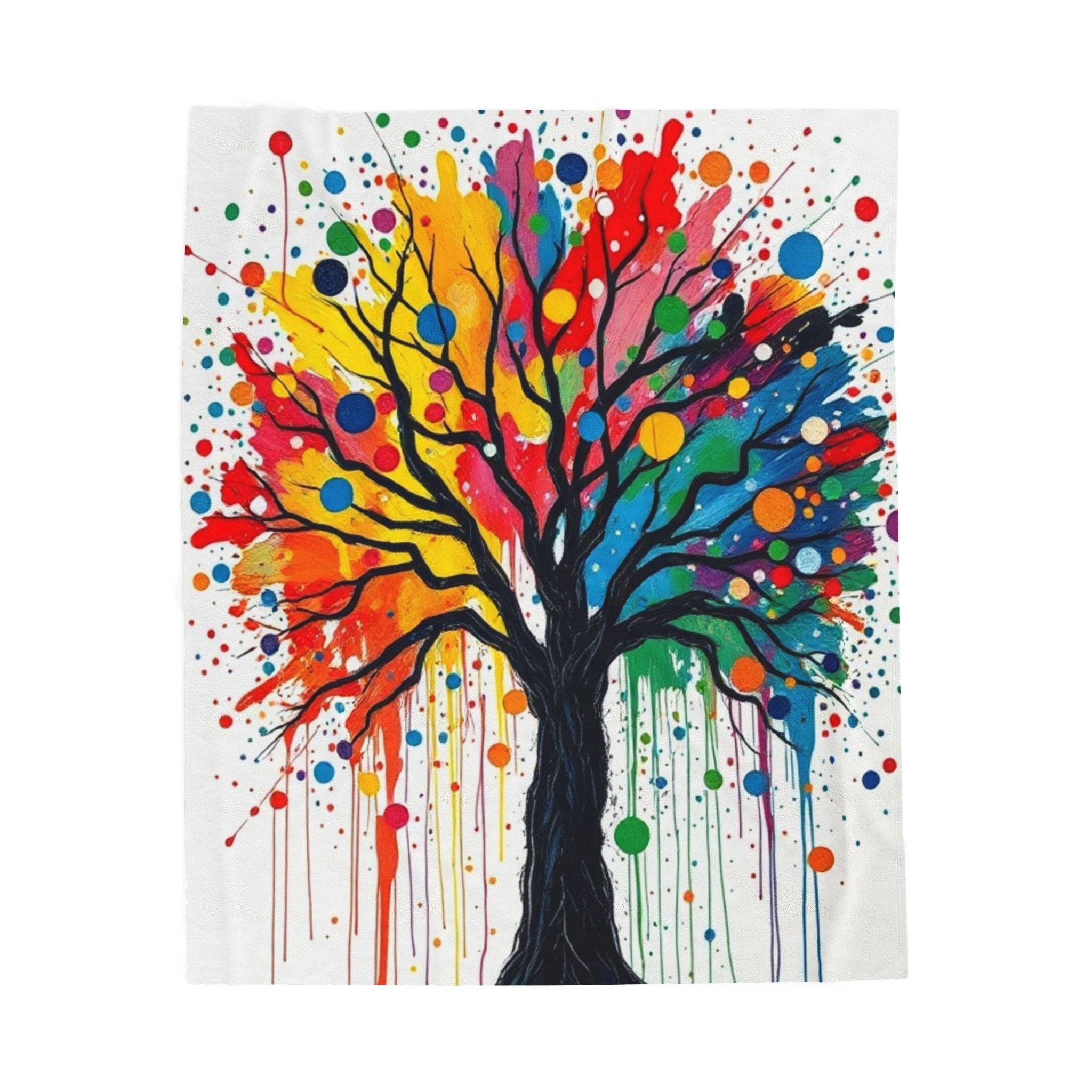 Rainbow Tree Dripping with Color Velveteen Plush Blanket – for Comfort and Warmth