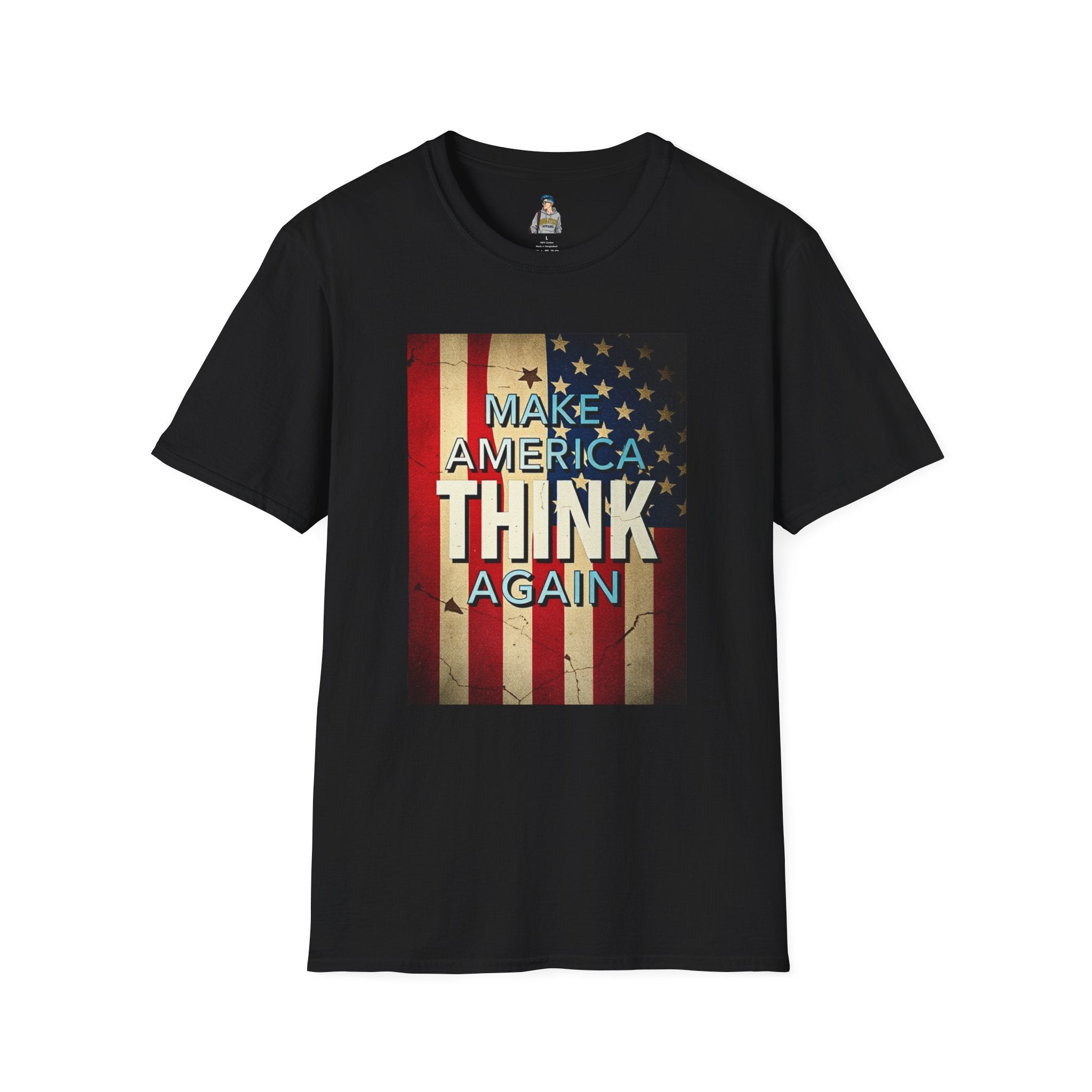 Make America Think Again Unisex Softstyle T-Shirt - Vintage Flag Design