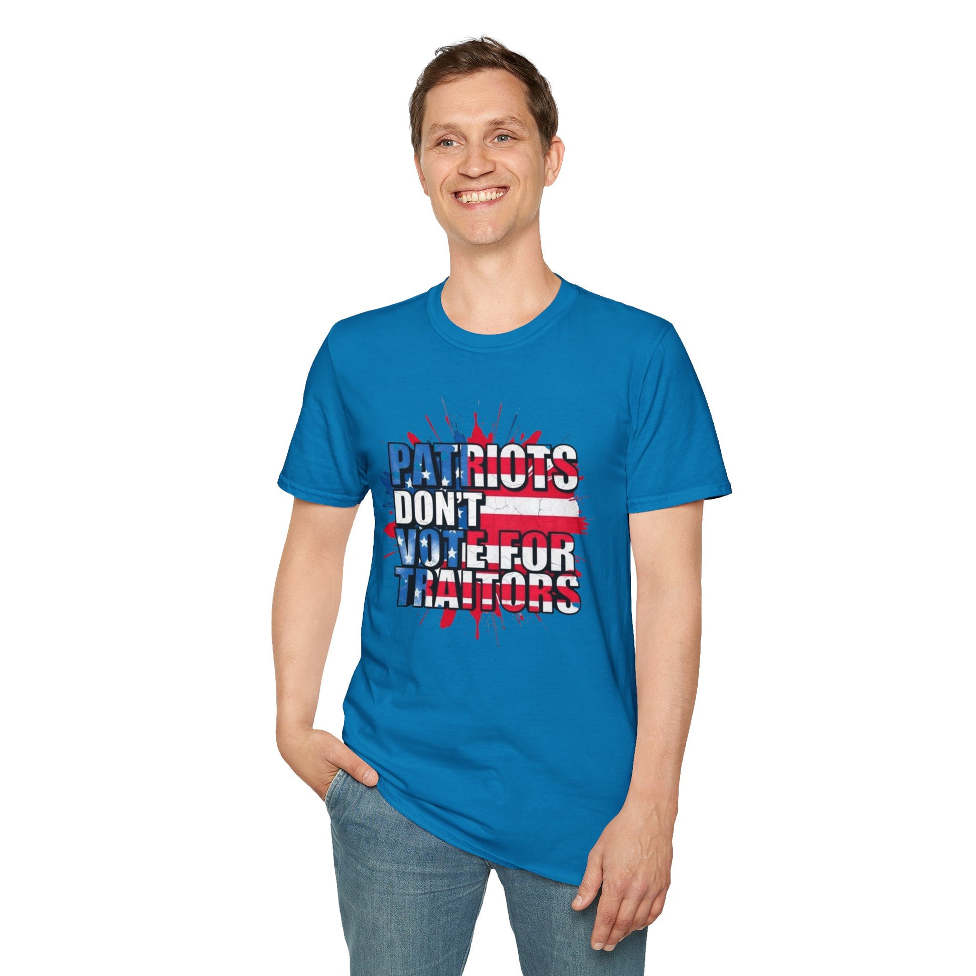 Unisex Softstyle T-Shirt - 'Patriots Don't Vote for Traitors' with USA Flag Design