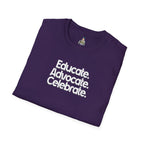 Educate. Advocate. Celebrate. Minimalist Pride T-Shirt - EqualiTees.Me