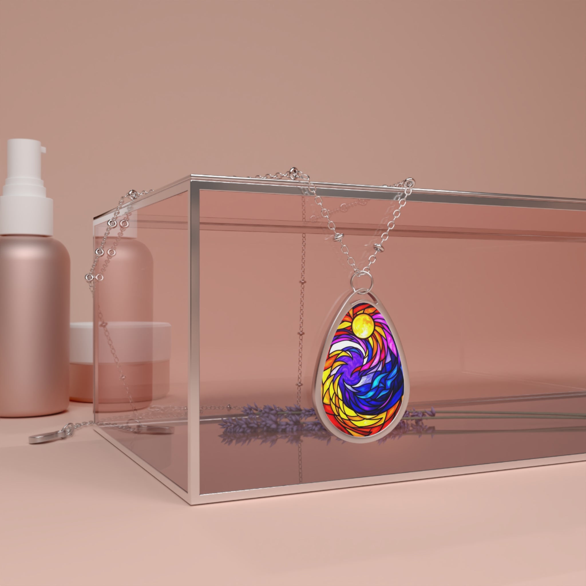 Stained Glass Moon & Waves Oval Necklace