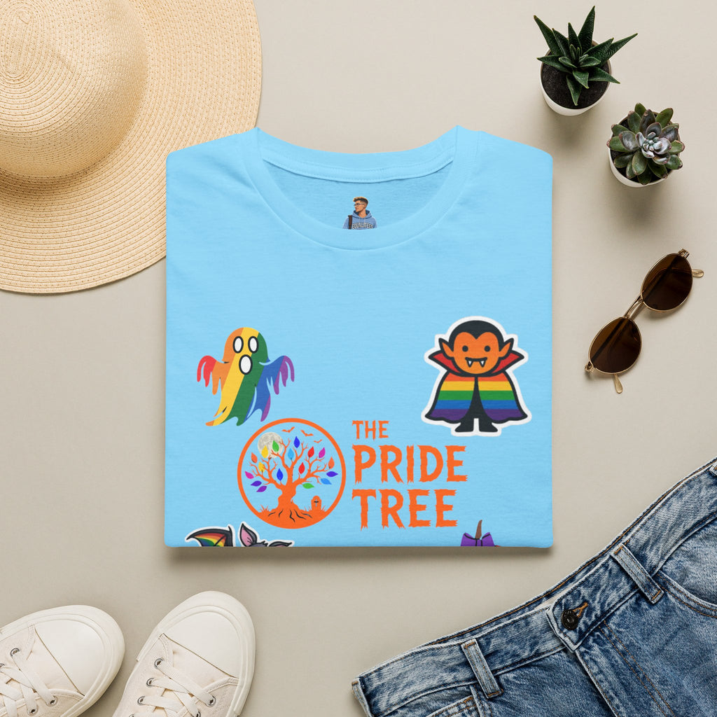 The Pride Tree Halloween T‑Shirt — Rainbow Ghosts, Pumpkins & Bat Graphic Tee