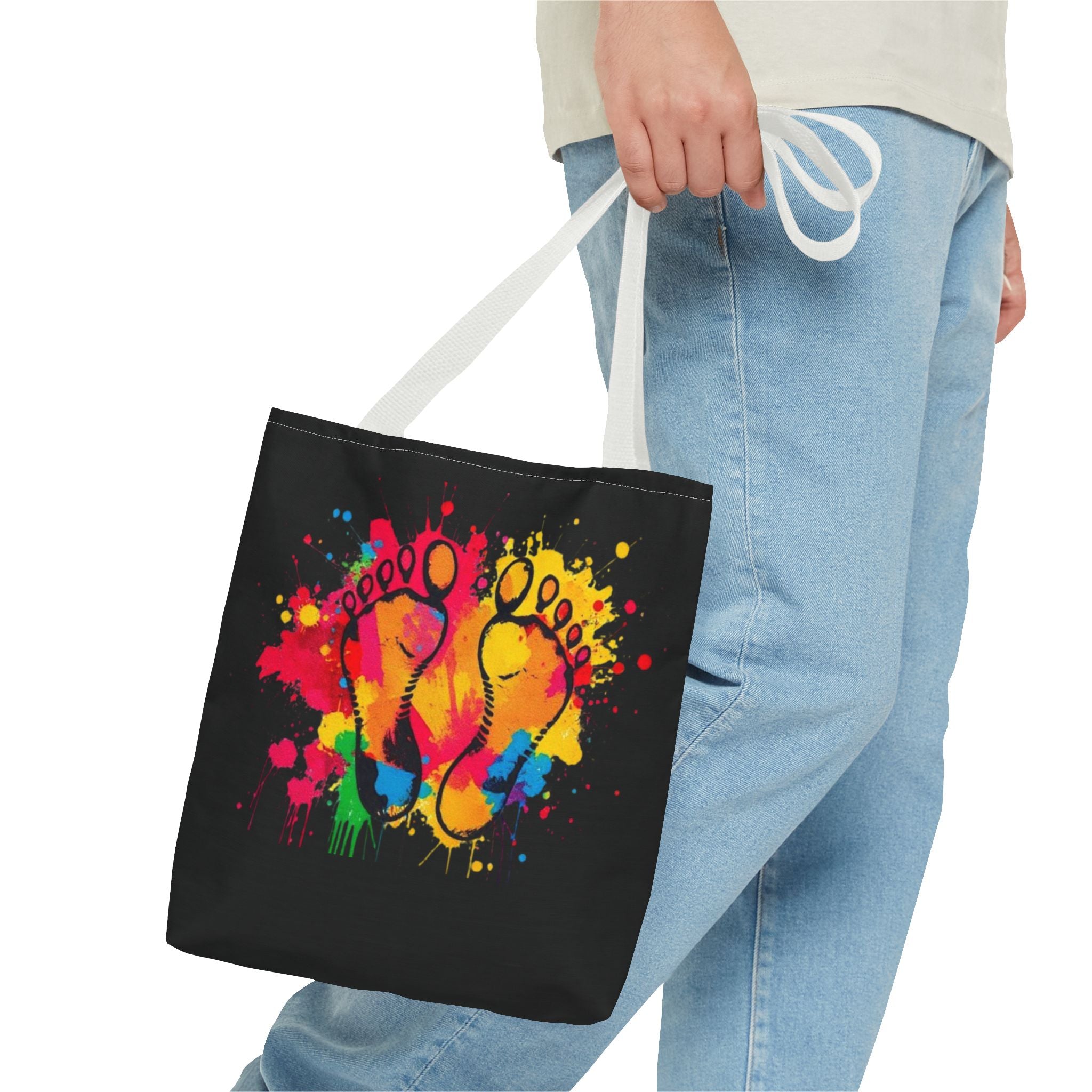 Rainbow Paint Splatter Footprints Tote Bag