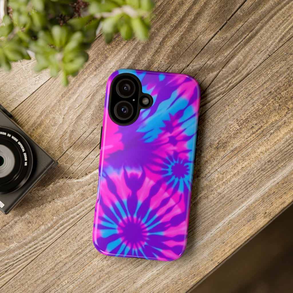 Tie-Dye Floral Phone Case for iPhone — Pink & Blue Retro Protective Tough Case
