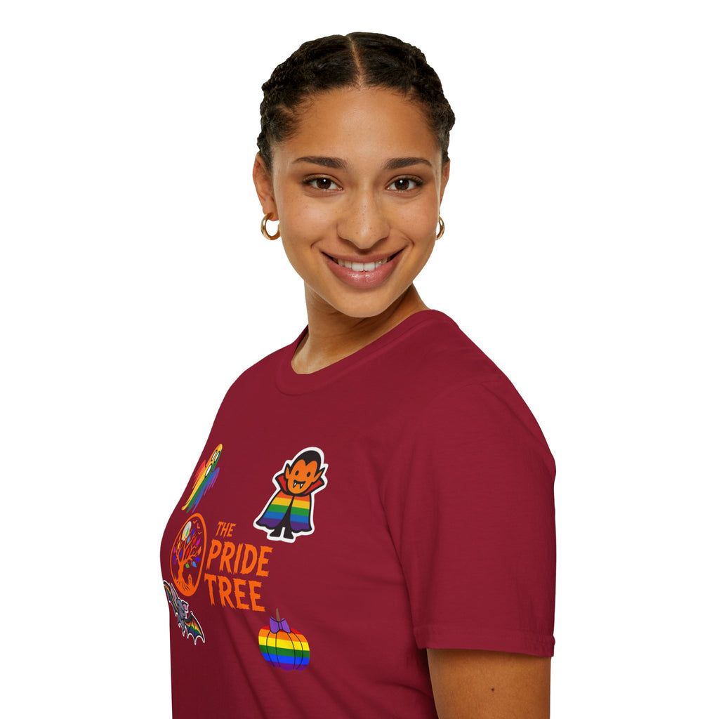 The Pride Tree Halloween T‑Shirt — Rainbow Ghosts, Pumpkins & Bat Graphic Tee