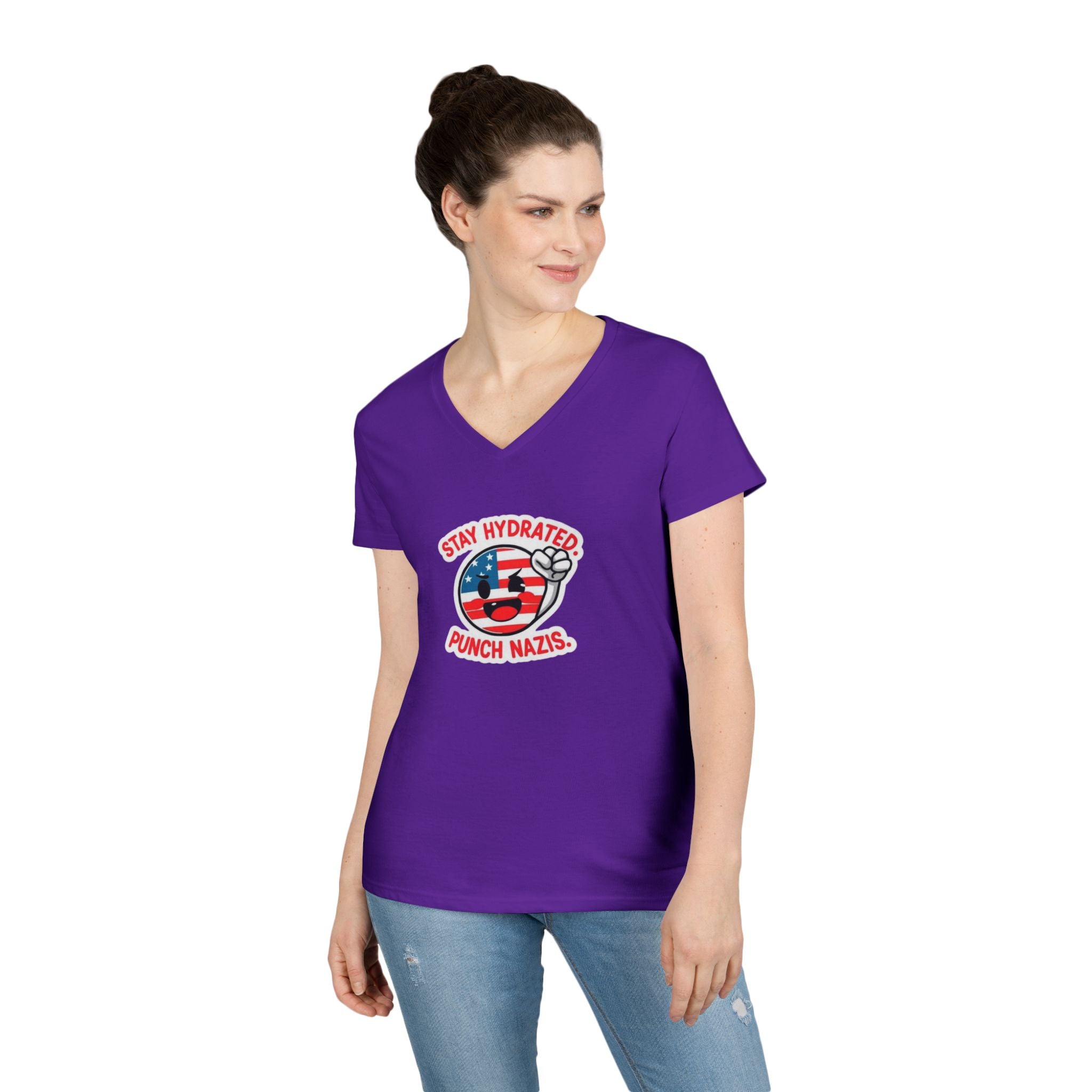 Stay Hydrated Punch Nazis V-Neck T-Shirt - Protest against Fascism Message Tee for Activists