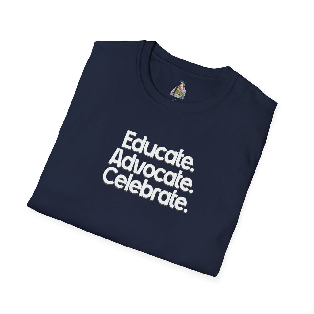 Educate. Advocate. Celebrate. Minimalist Pride T-Shirt - EqualiTees.Me