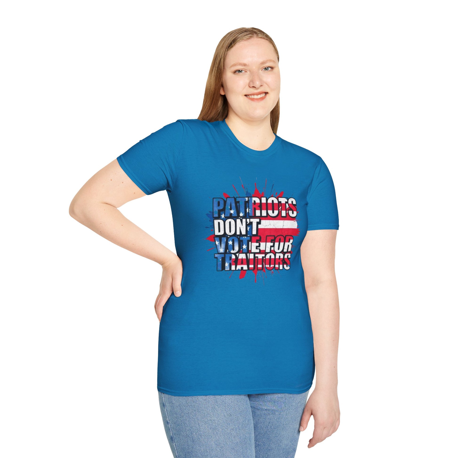 Unisex Softstyle T-Shirt - 'Patriots Don't Vote for Traitors' with USA Flag Design