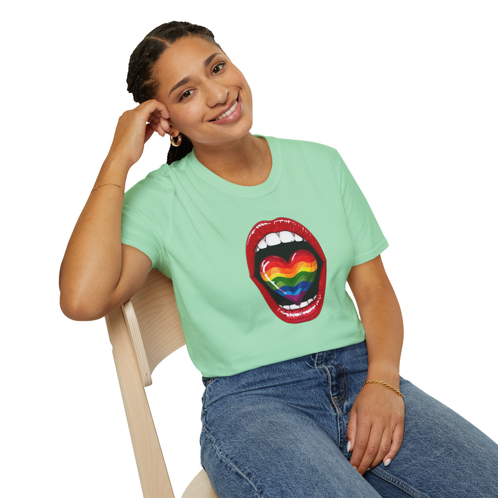 Pride Love Unisex Softstyle T-Shirt | LGBTQ+ Rainbow Heart Design