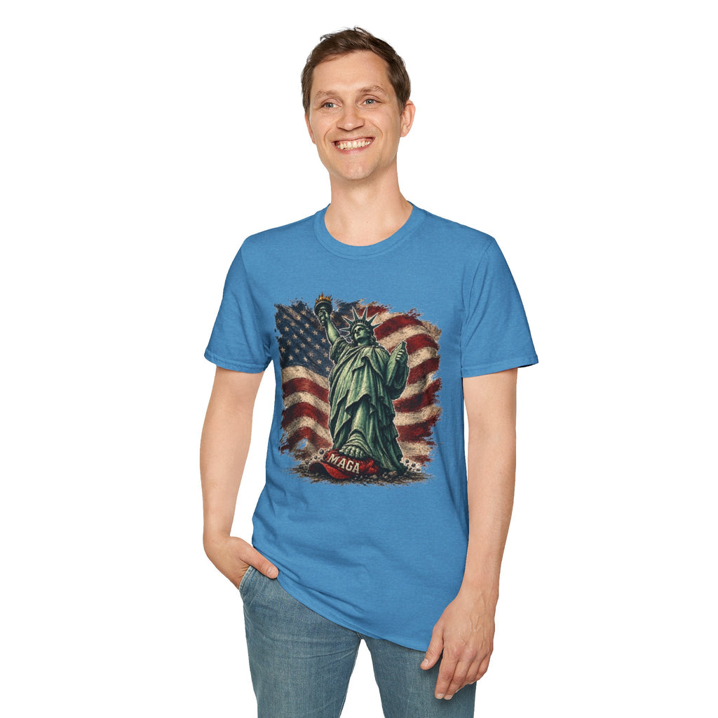 Statue of Liberty Stepping on MAGA American Flag T-Shirt — Patriotic USA Independence Day Tee