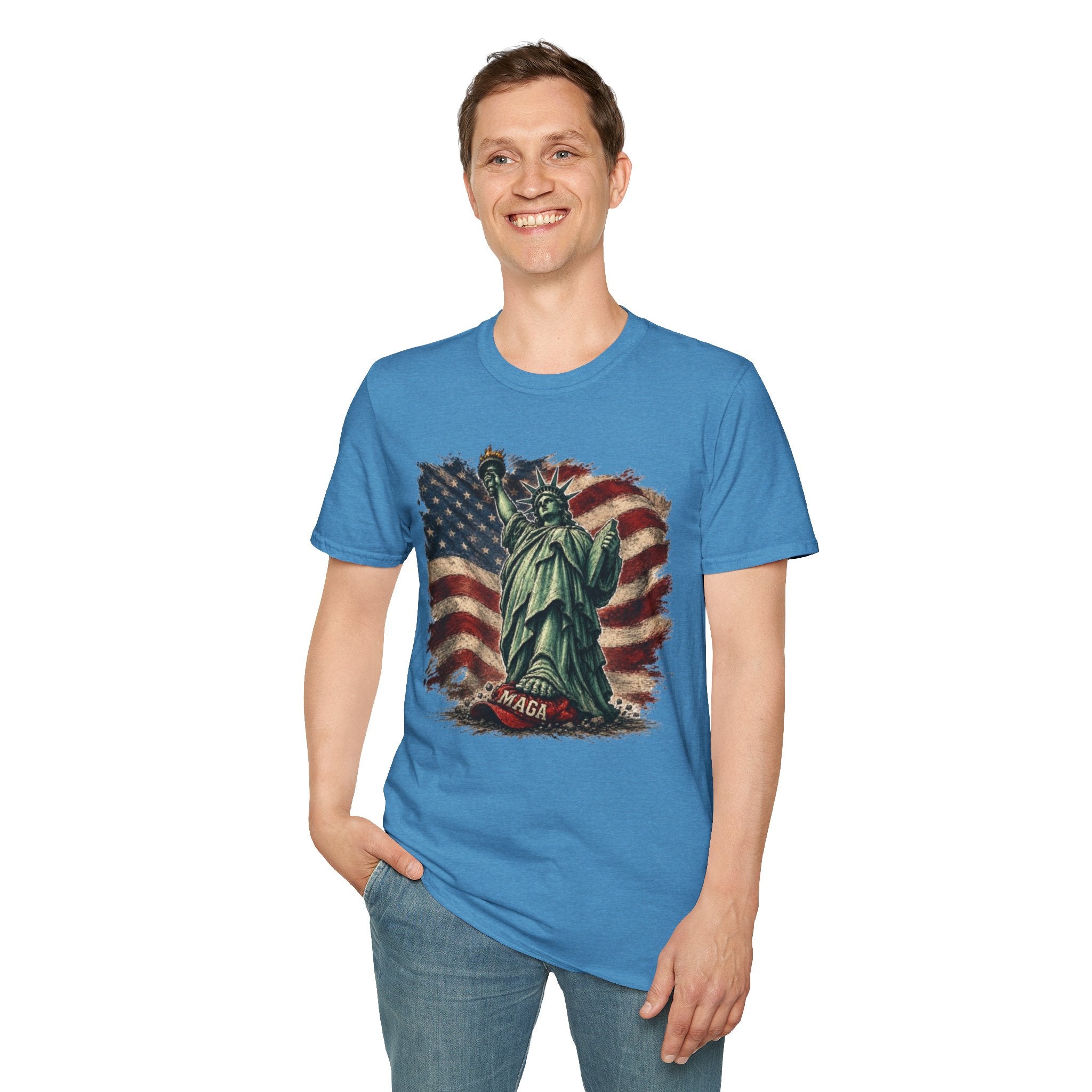 Statue of Liberty Stepping on MAGA American Flag T-Shirt — Patriotic USA Independence Day Tee