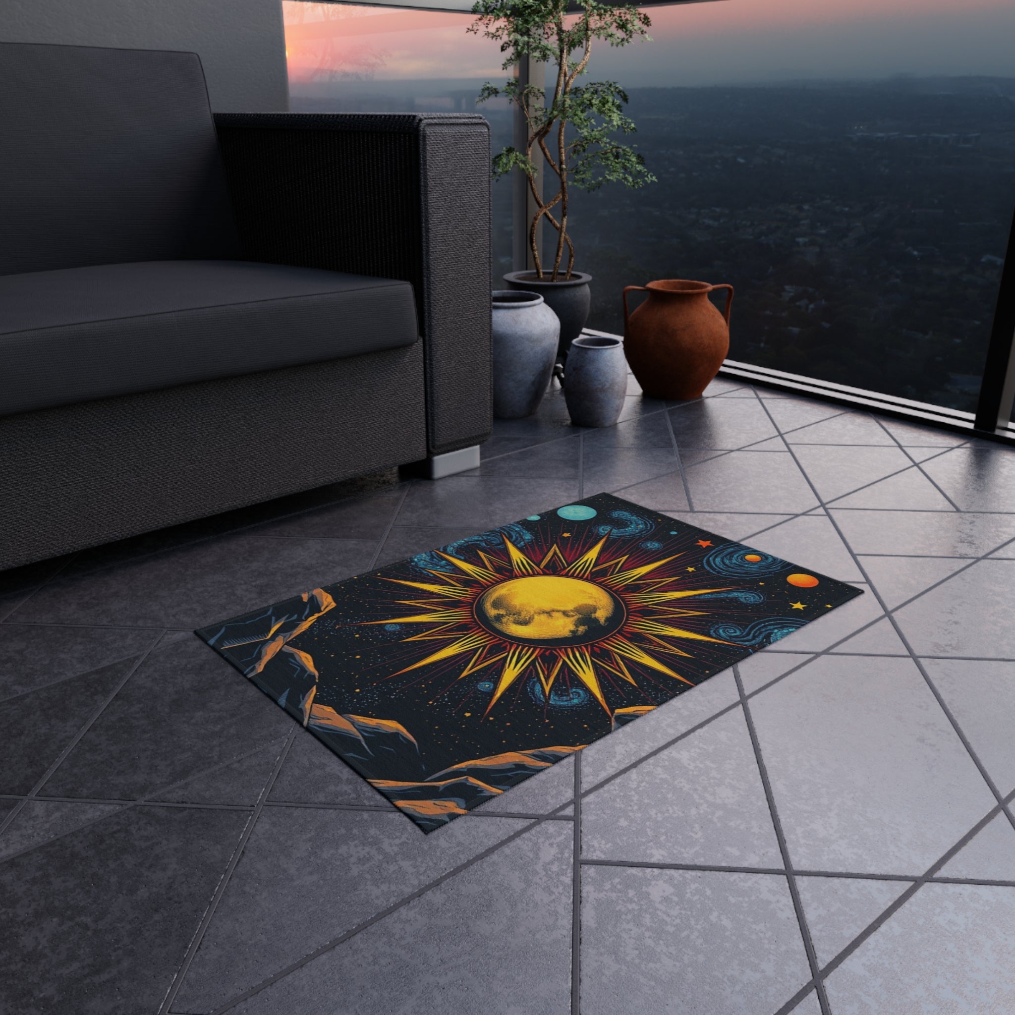 Cosmic Moon and Sun Outdoor Rug - Colorful Decorative Mat for Patios & Gardens