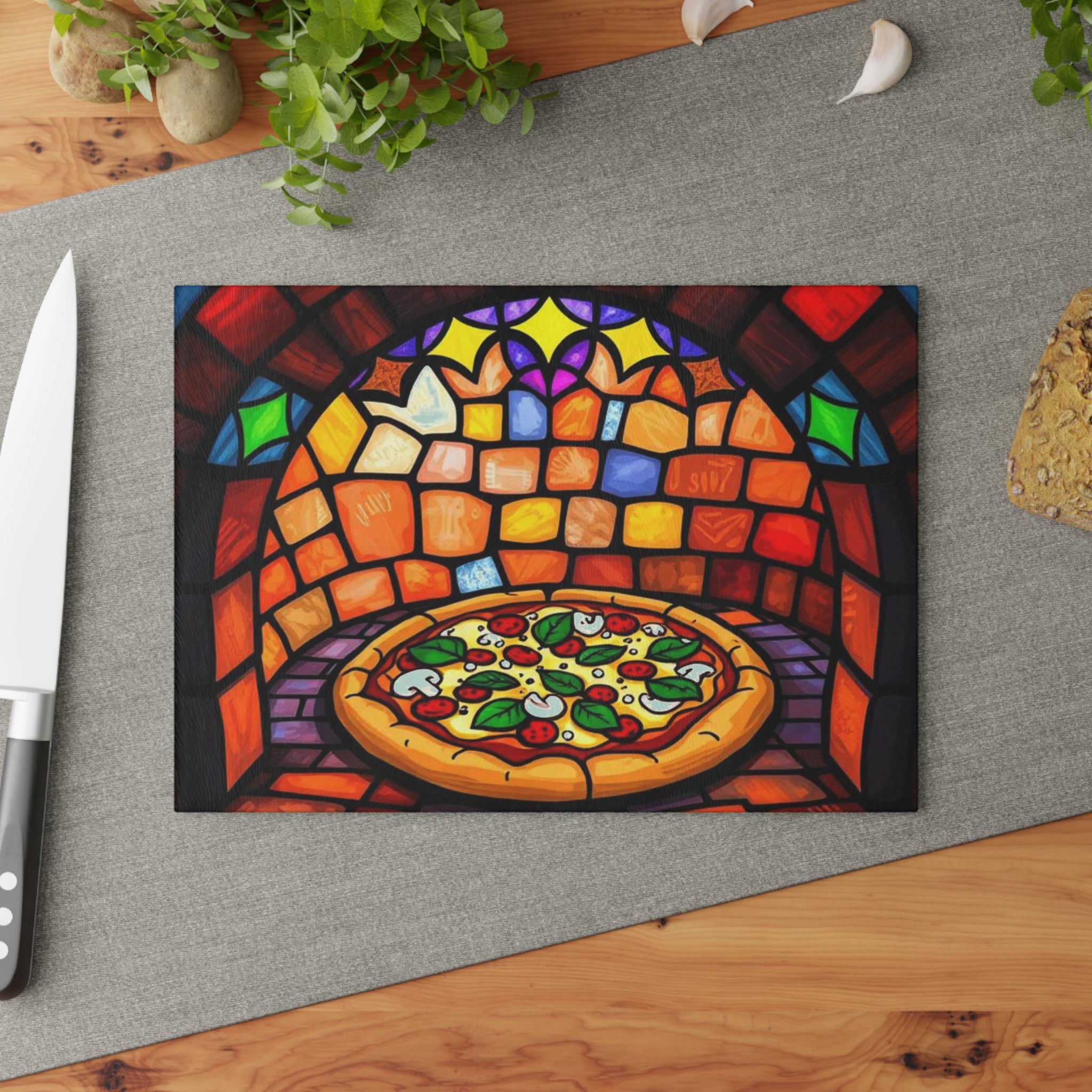 Stained Glass Pizza Cutting Board Colorful Kitchen Art for Food Lovers