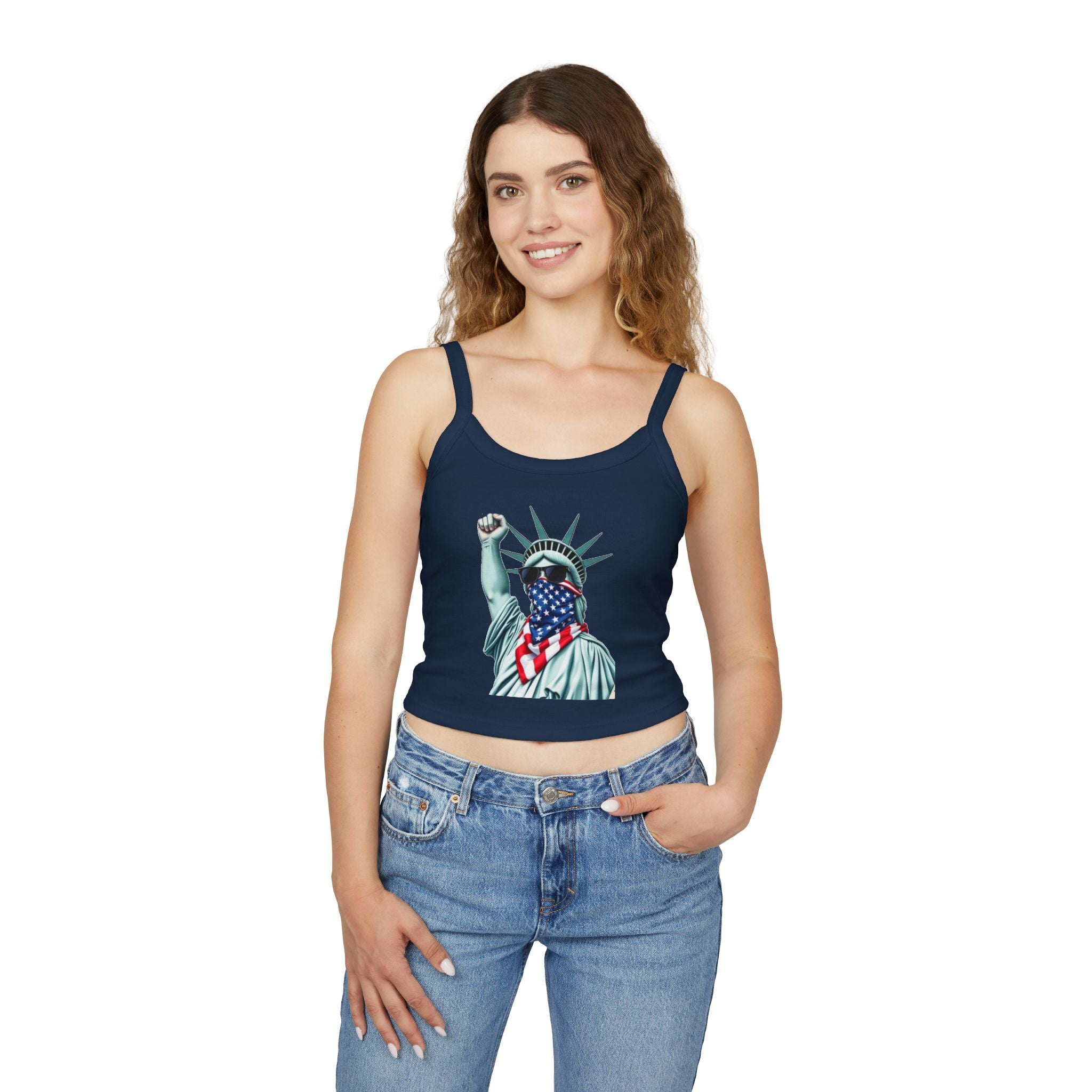 Patriotic Women's Spaghetti Strap Tank Top - Stand With Her Statue of Liberty Design