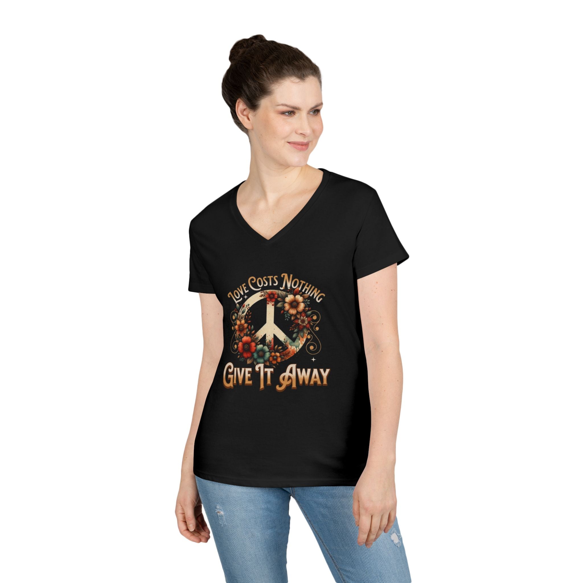 Women's Peace Love T-Shirt - Give It Away | Floral V-Neck Tee for Positive Vibes
