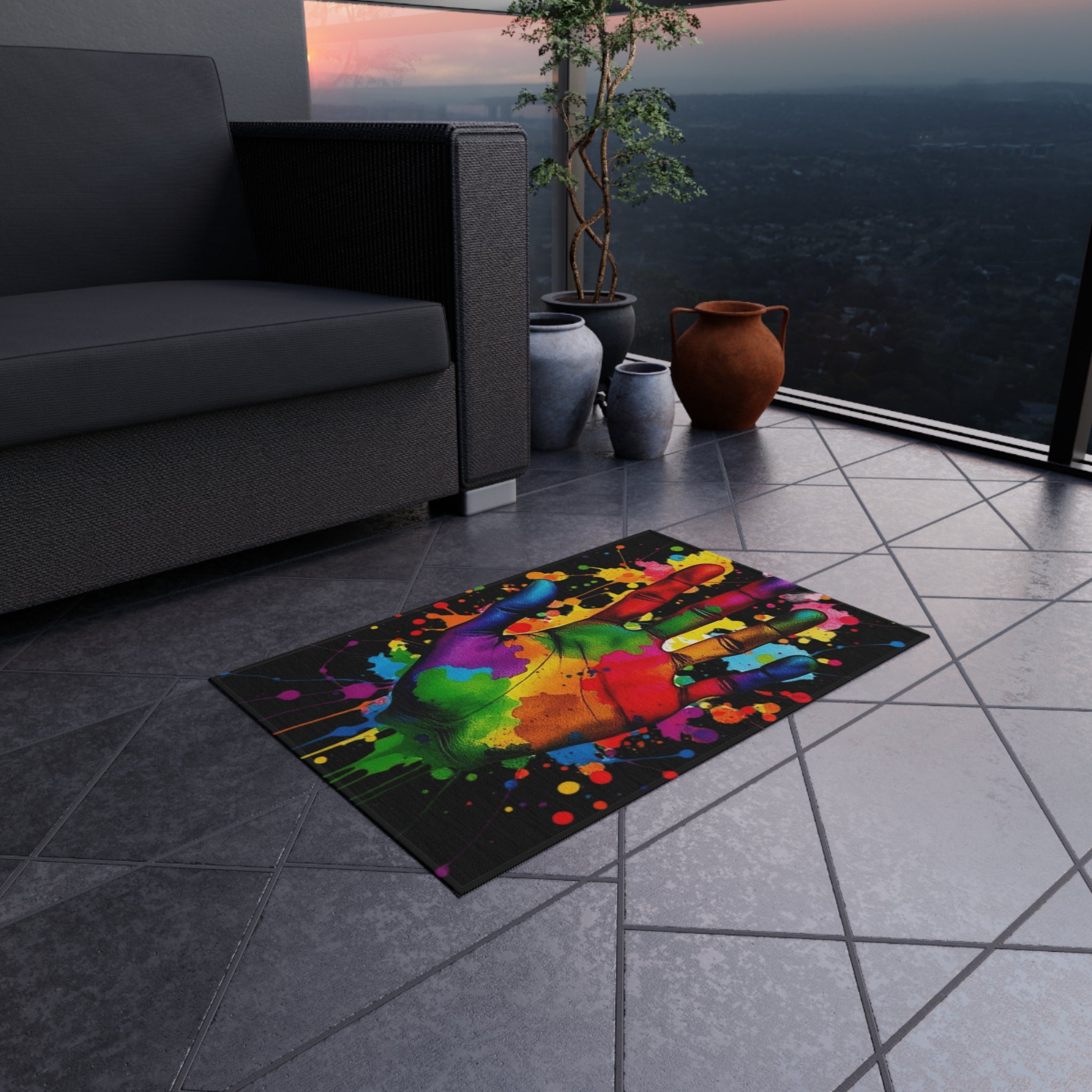 Rainbow Hand Art Outdoor Rug - Colorful Decorative Mat for Patios & Gardens
