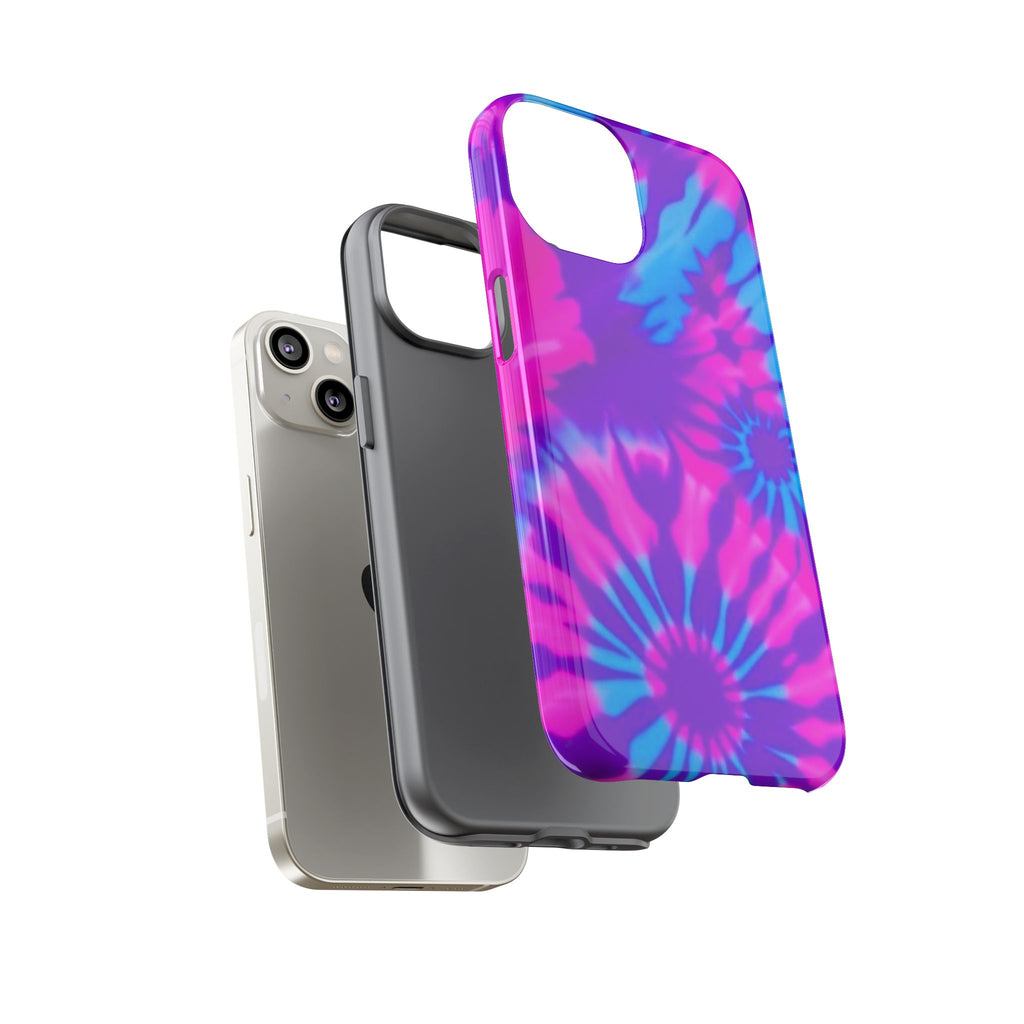 Tie-Dye Floral Phone Case for iPhone — Pink & Blue Retro Protective Tough Case