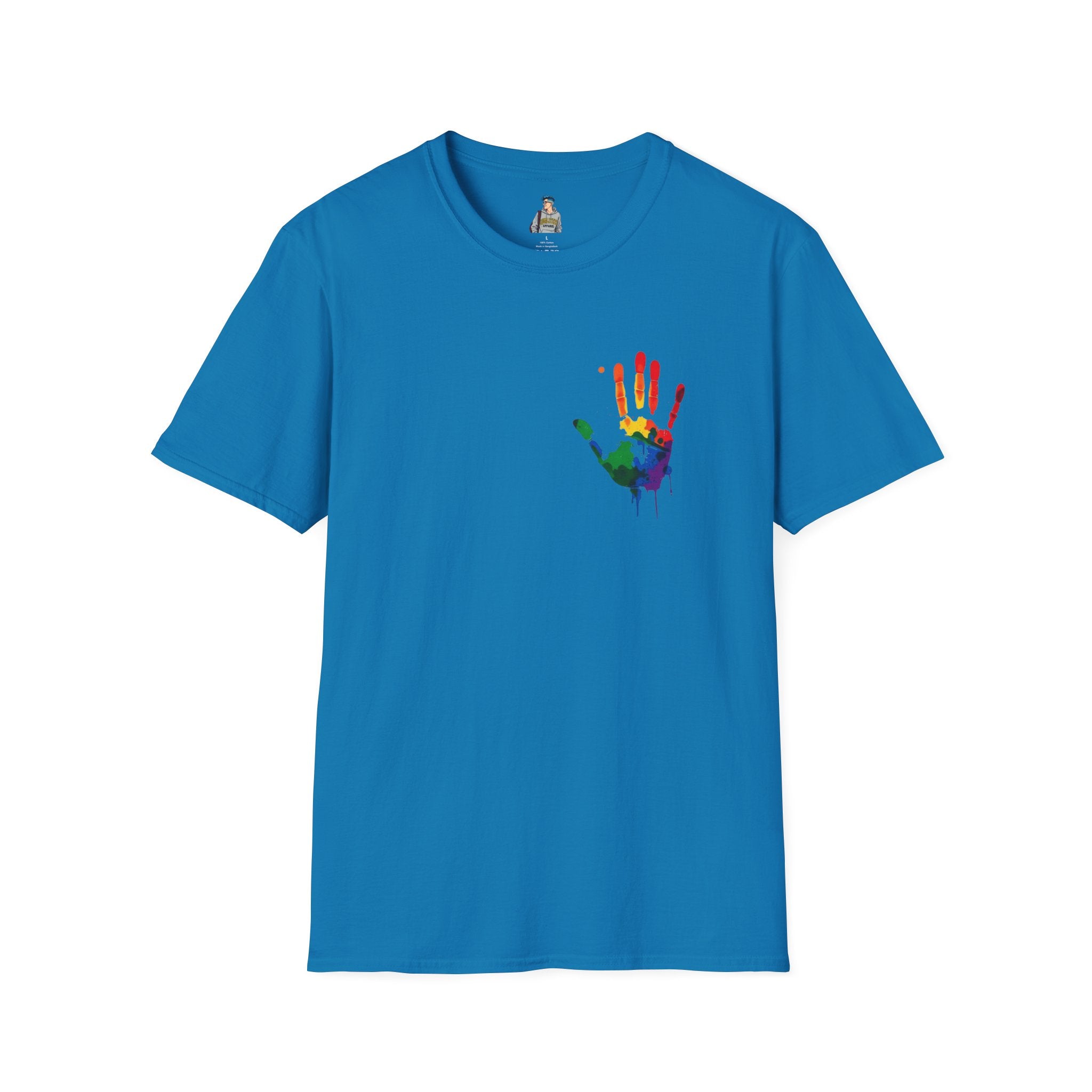 Inclusive Art Unisex Softstyle T-Shirt – ‘ Rainbow Handprint We All Belong’