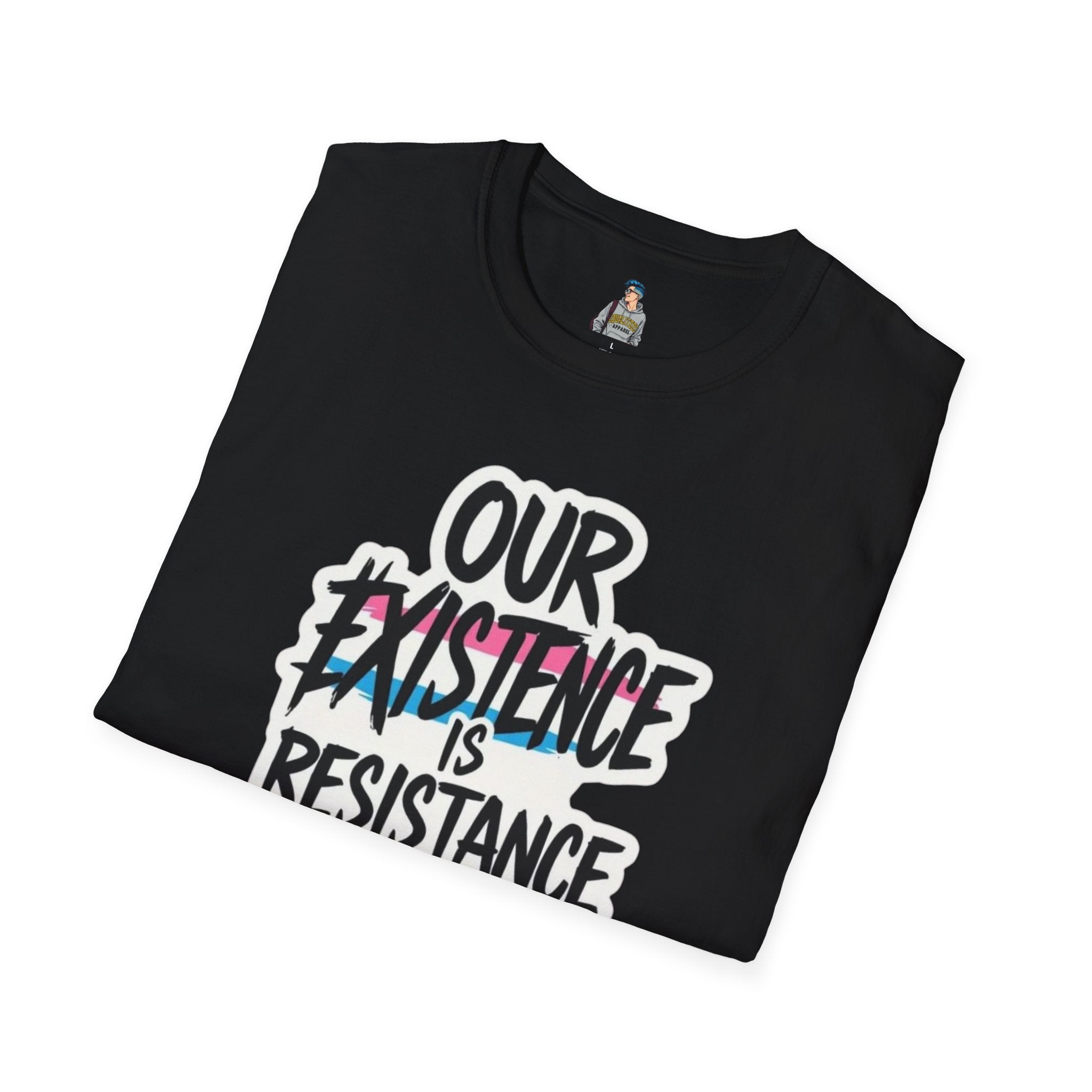 Our Existence is Resistance Trans Pride Unisex Softstyle T-Shirt - Empowering Statement Tee for Activists and Advocates