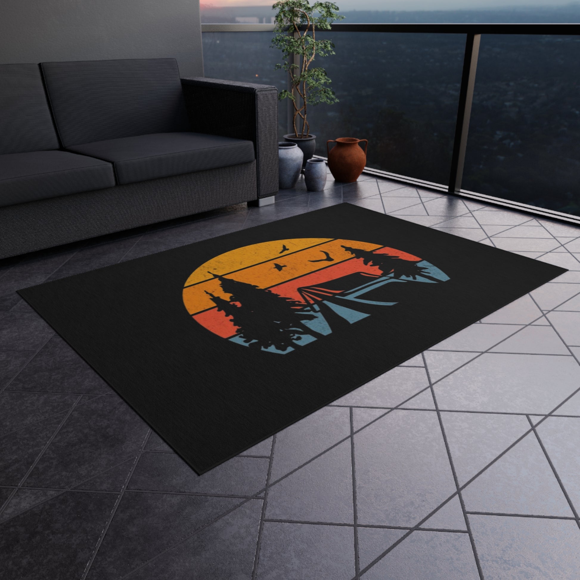 Camping Sunset Scene Outdoor Rug