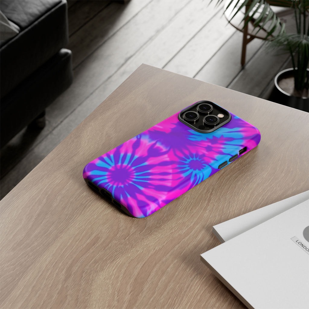 Tie-Dye Floral Phone Case for iPhone — Pink & Blue Retro Protective Tough Case