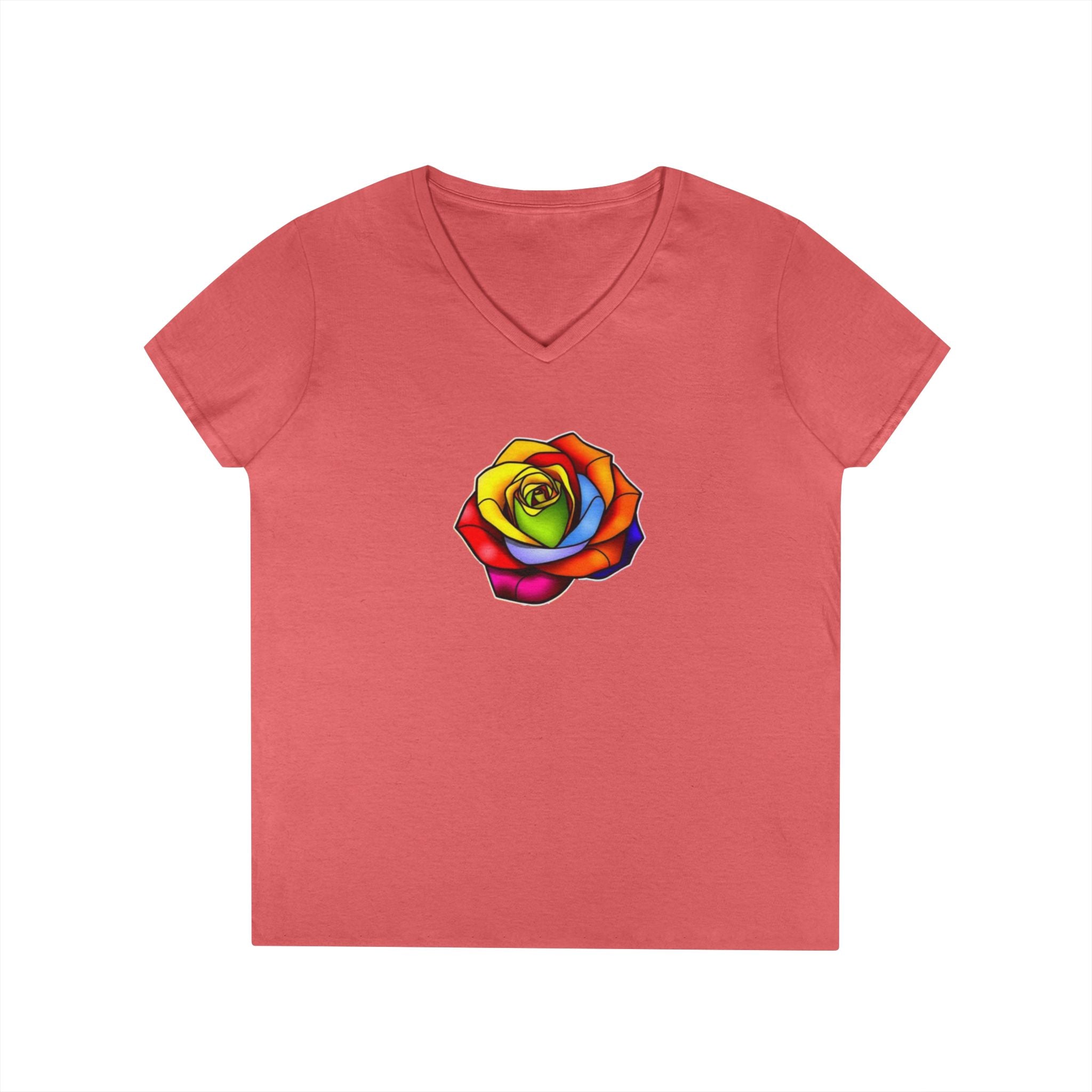 Rainbow Rose Ladies' V-Neck T-Shirt - Colorful Floral Design
