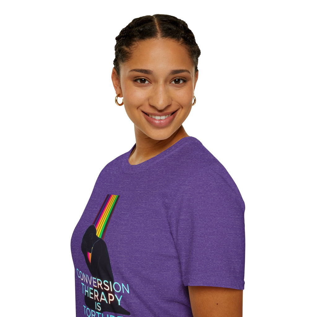Unisex Softstyle T-Shirt - LGBTQ+ Empowerment T-Shirt: Conversion Therapy is Torture & We All Belong