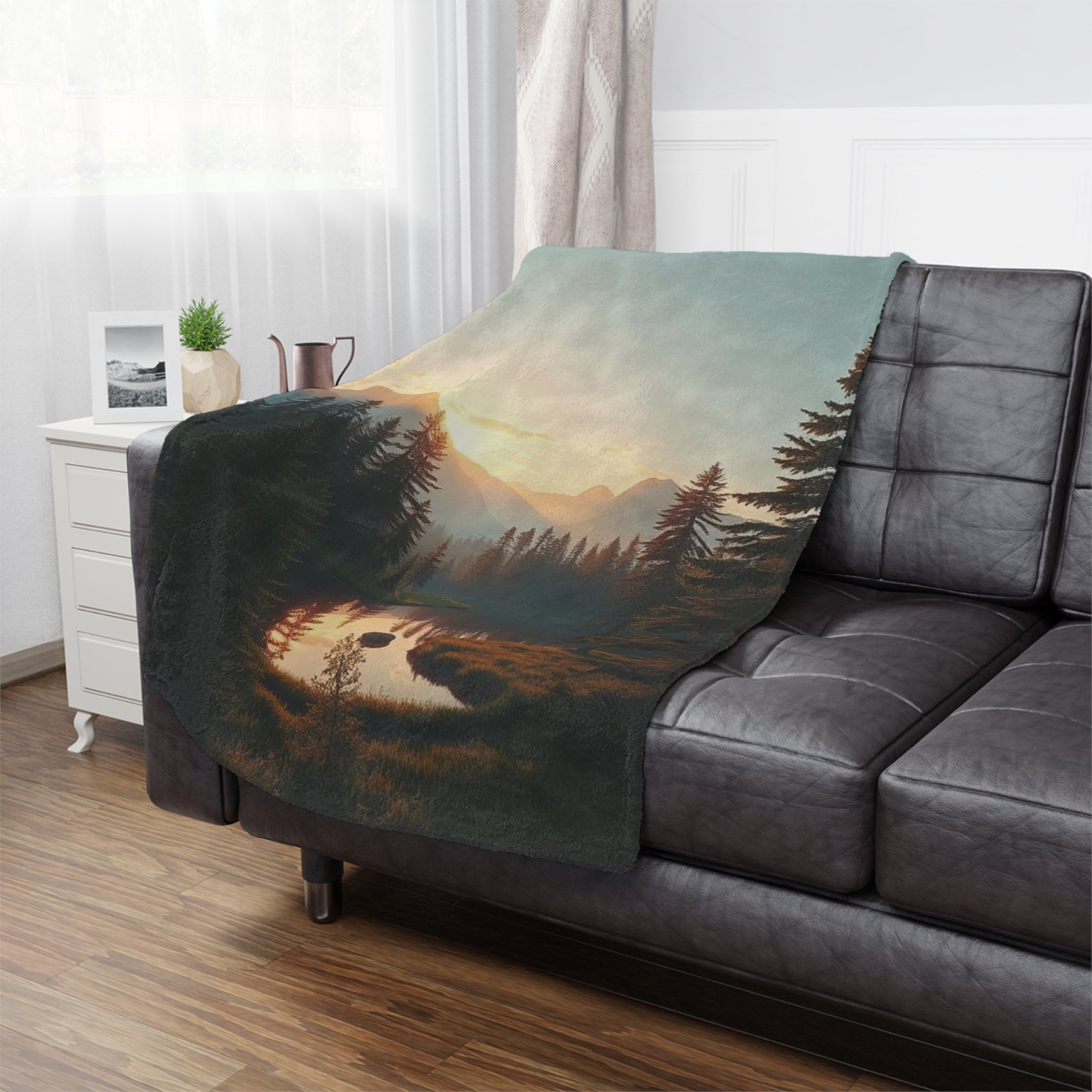 Serene Lake & Mountain Scene Microfiber Blanket