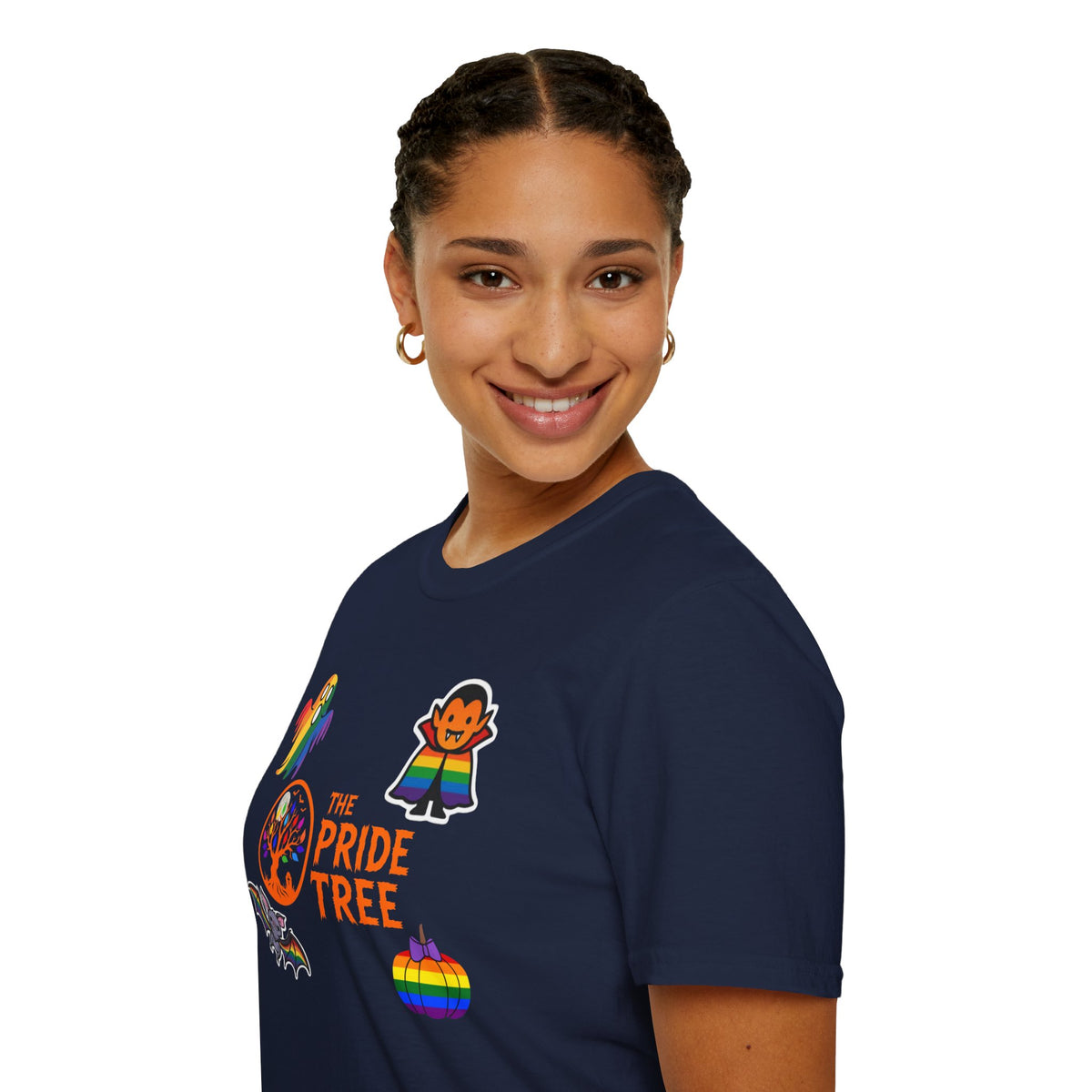 The Pride Tree Halloween T‑Shirt — Rainbow Ghosts, Pumpkins & Bat Graphic Tee