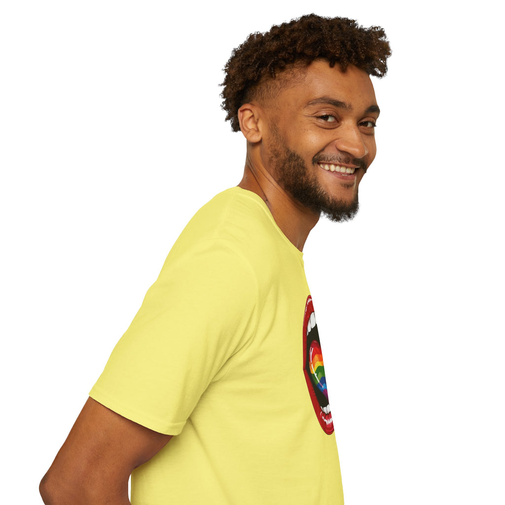 Pride Love Unisex Softstyle T-Shirt | LGBTQ+ Rainbow Heart Design