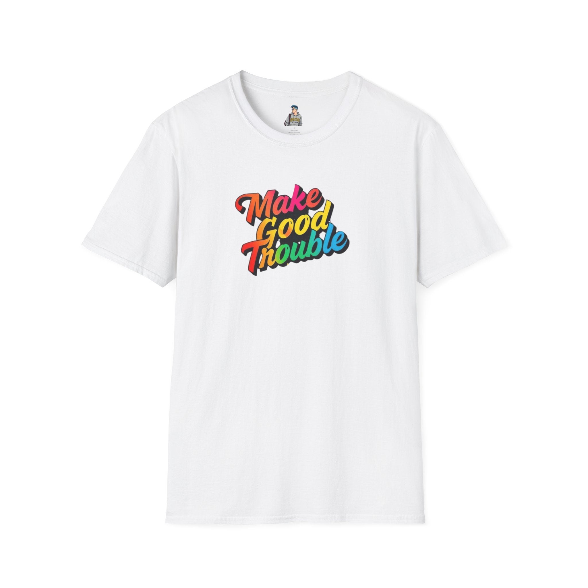 Inspirational Unisex Softstyle T-Shirt - 'Make Good Trouble' Rainbow Statement Tee