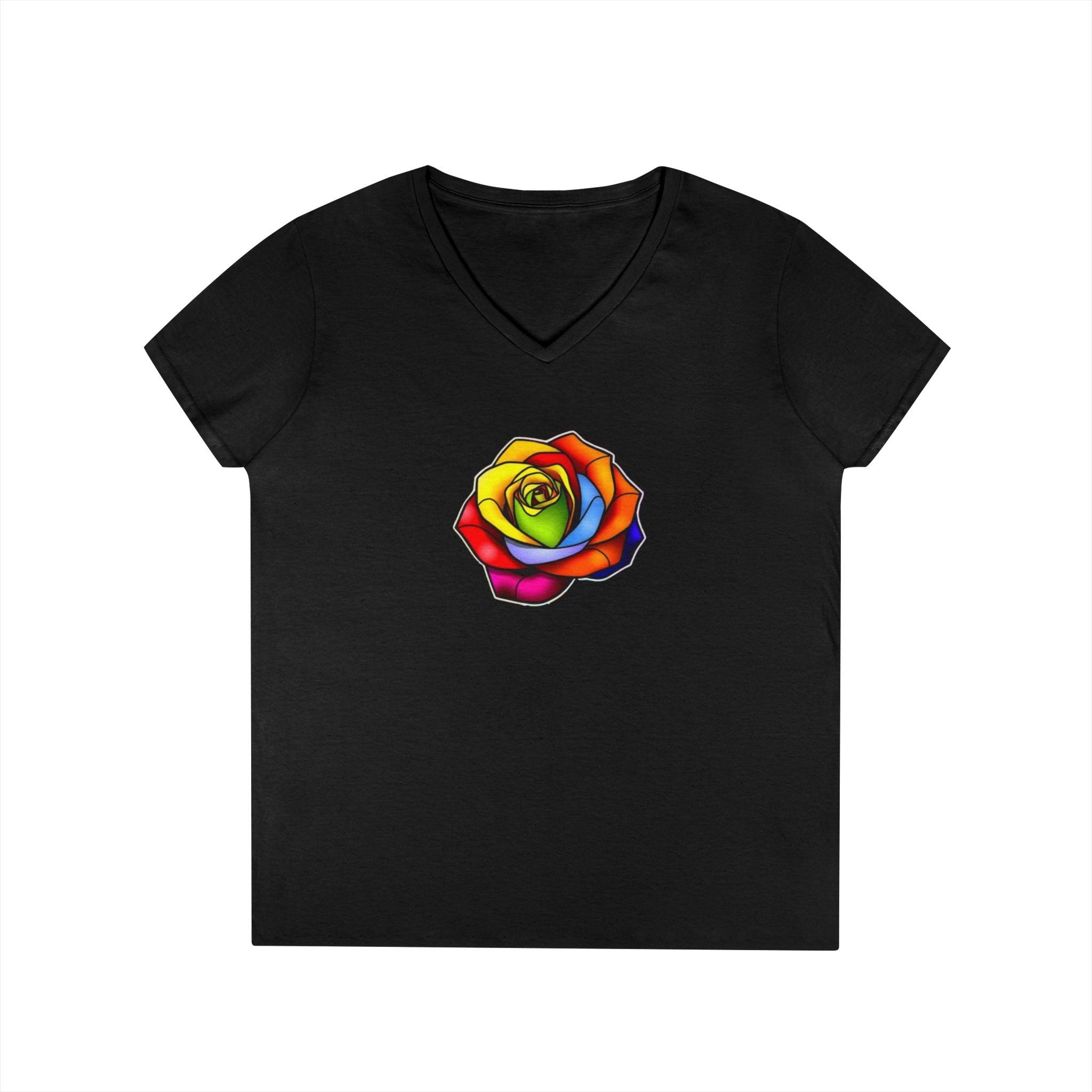 Rainbow Rose Ladies' V-Neck T-Shirt - Colorful Floral Design