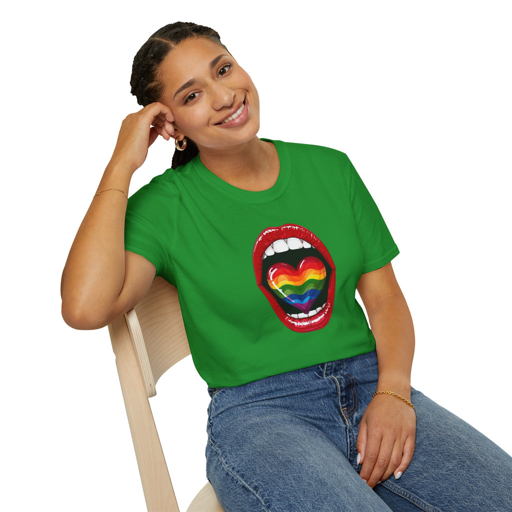 Pride Love Unisex Softstyle T-Shirt | LGBTQ+ Rainbow Heart Design