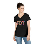 Floral Initials 'FDT' Ladies' V-Neck Tee — Colorful Botanical Monogram Shirt