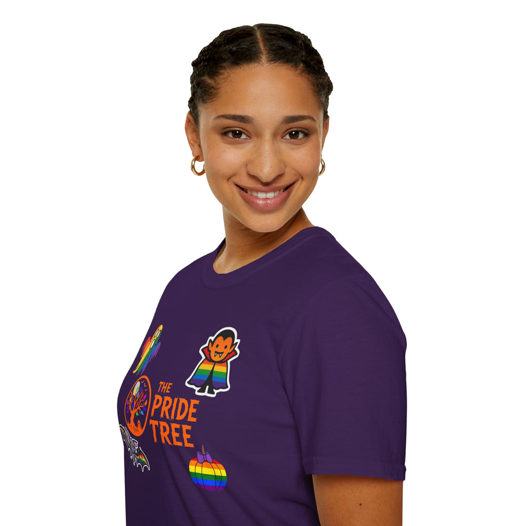 The Pride Tree Halloween T‑Shirt — Rainbow Ghosts, Pumpkins & Bat Graphic Tee