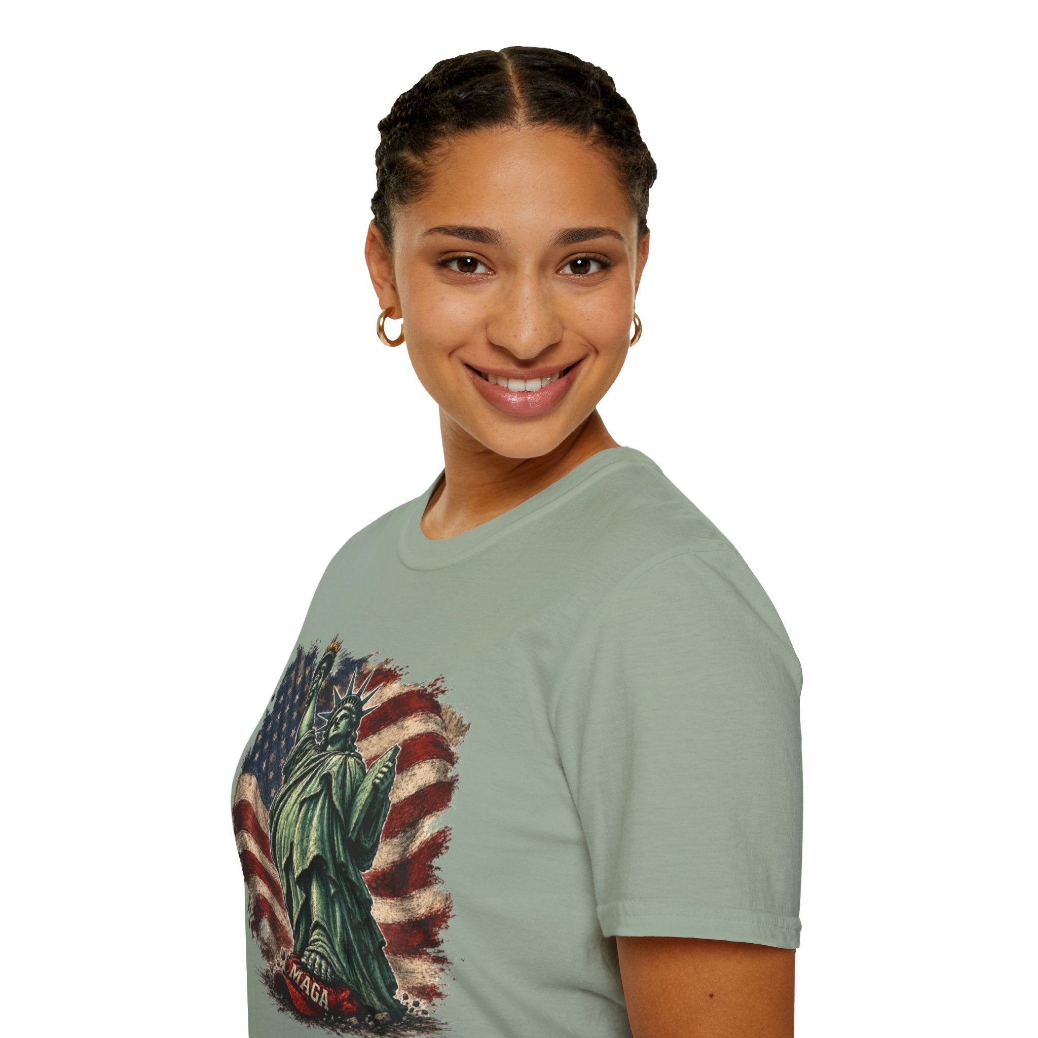 Statue of Liberty Stepping on MAGA American Flag T-Shirt — Patriotic USA Independence Day Tee