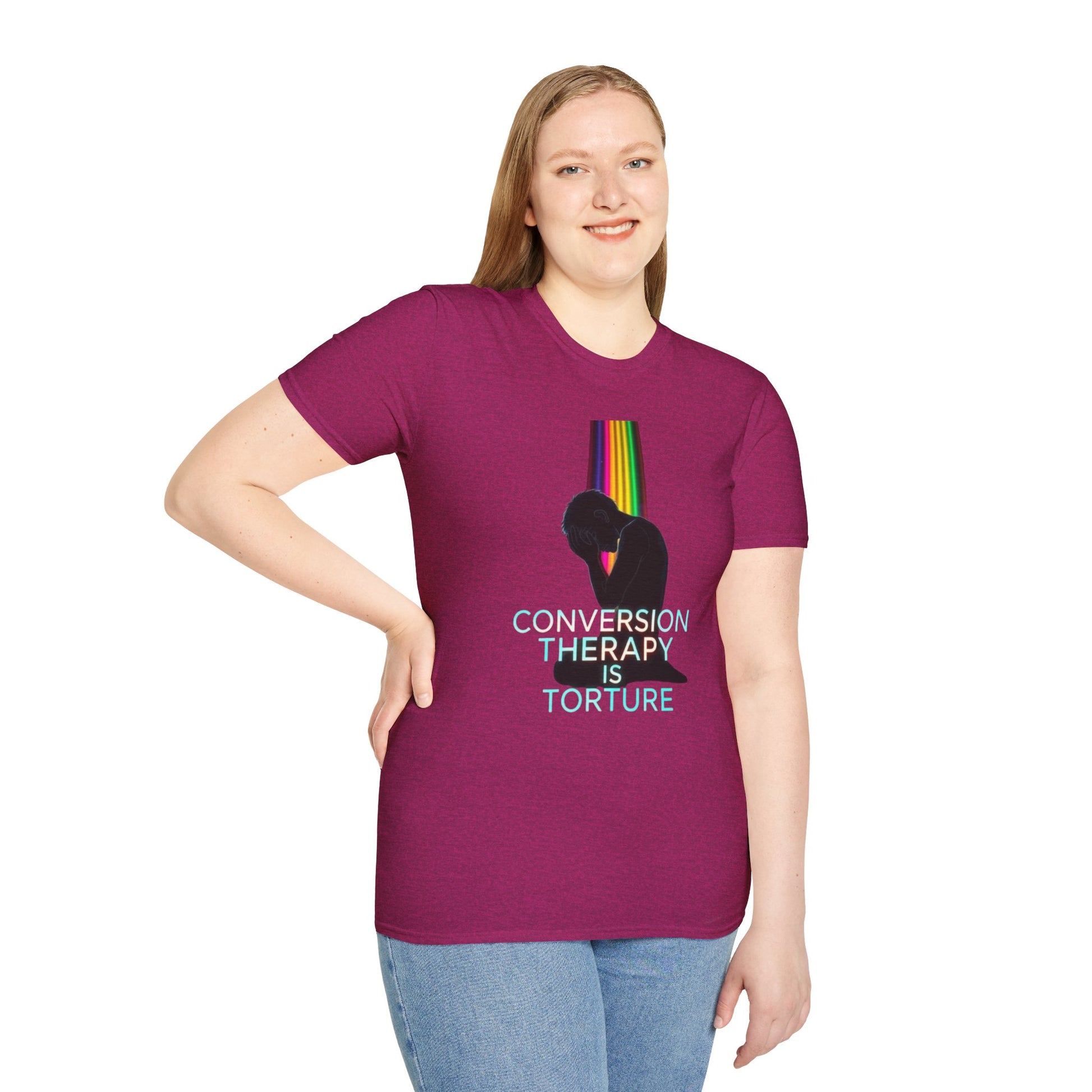 Unisex Softstyle T-Shirt: "Conversion Therapy is Torture" & "We All Belong" - LGBTQ+ Empowerment Tee